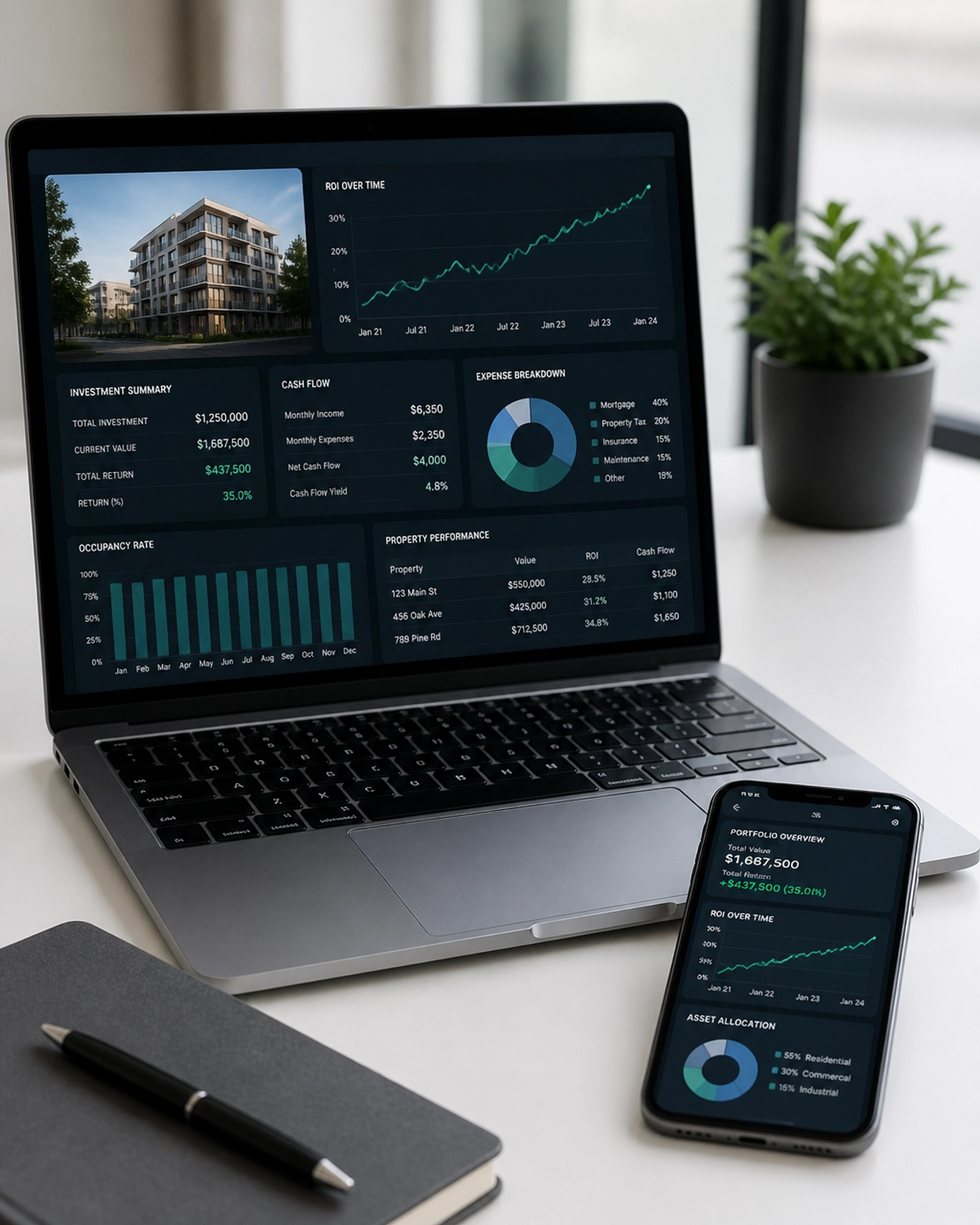 A modern laptop and smartphone displaying real estate analytics