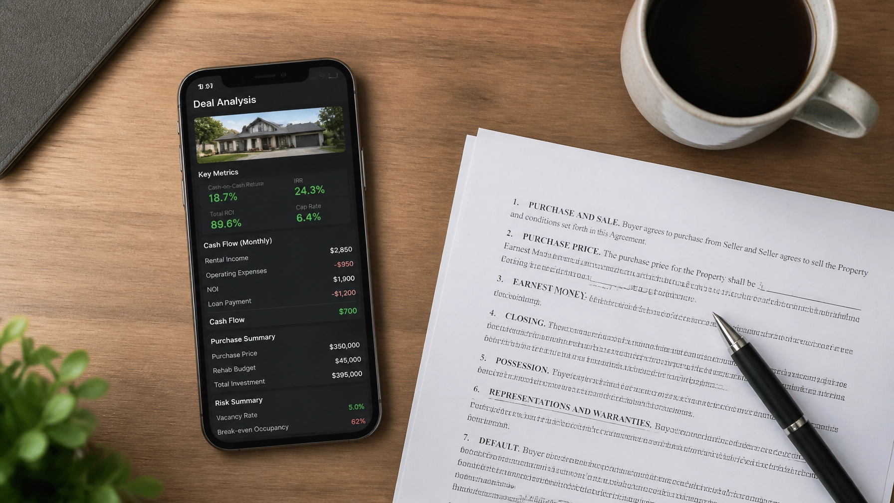 A minimalist workspace with a smartphone showing a deal analysis app