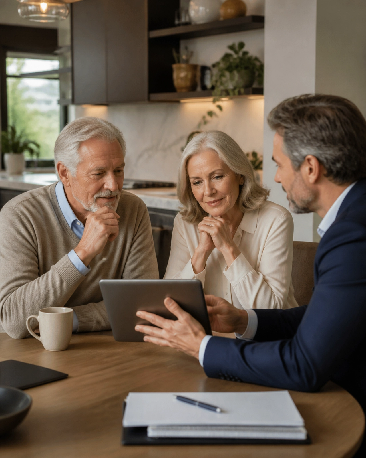 A senior couple discussing property investment with a financial advisor