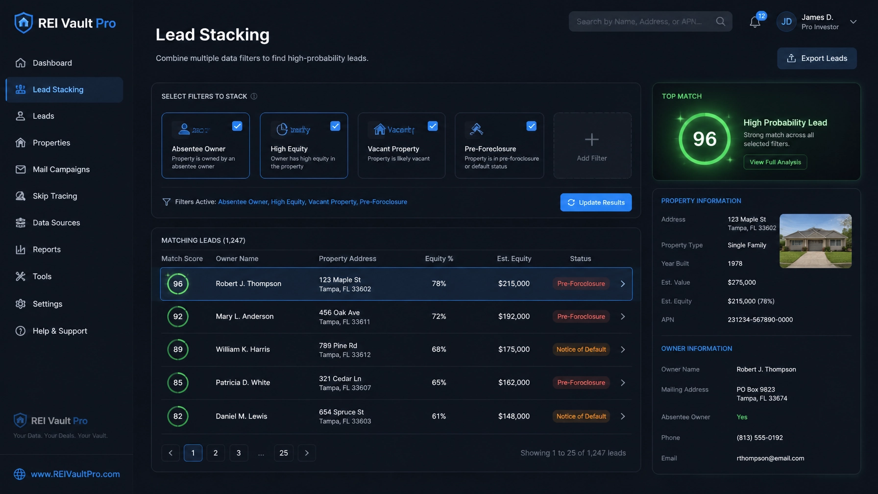 Professional software interface showing a 'Lead Stacking' dashboard for real estate investors