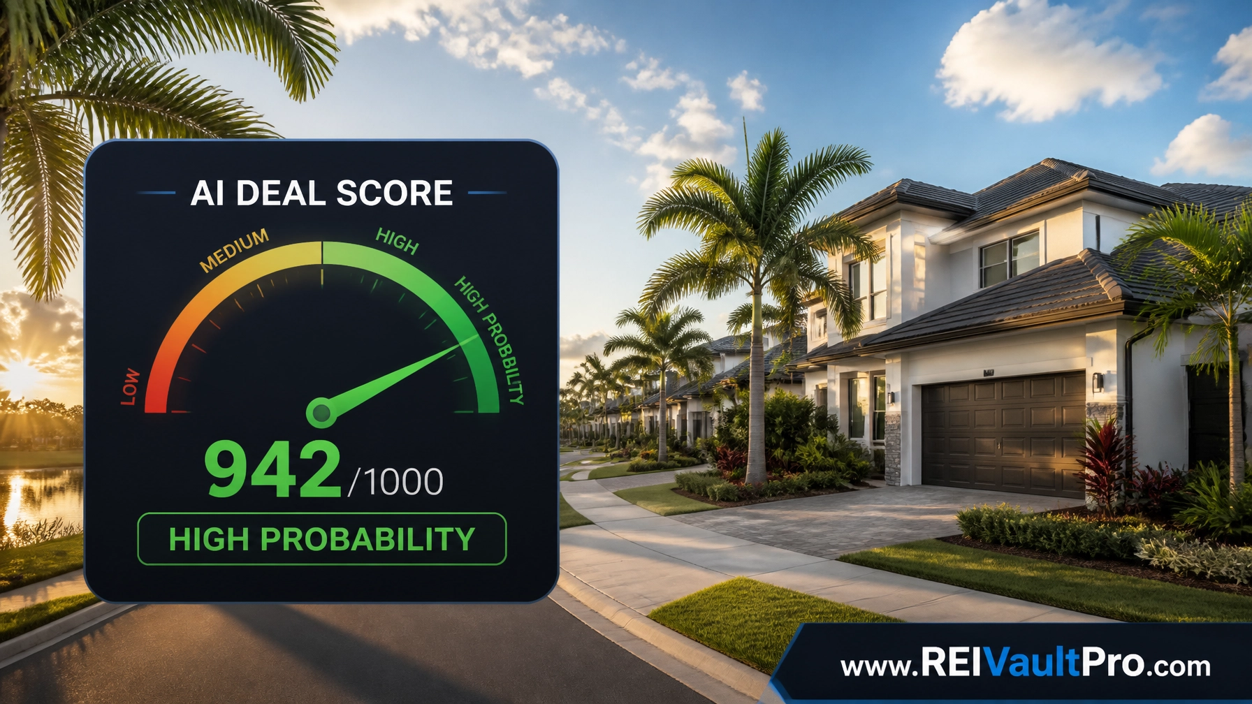 Modern residential neighborhood in Florida with an AI Deal Score meter overlay