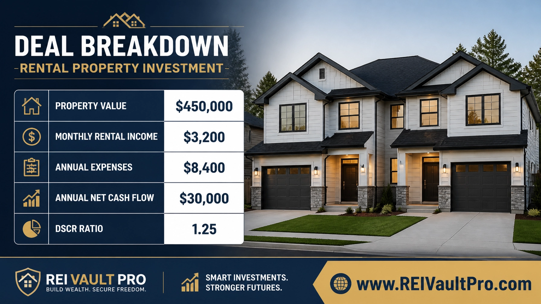 Financial deal breakdown graphic showing property value, rental income, and DSCR ratio