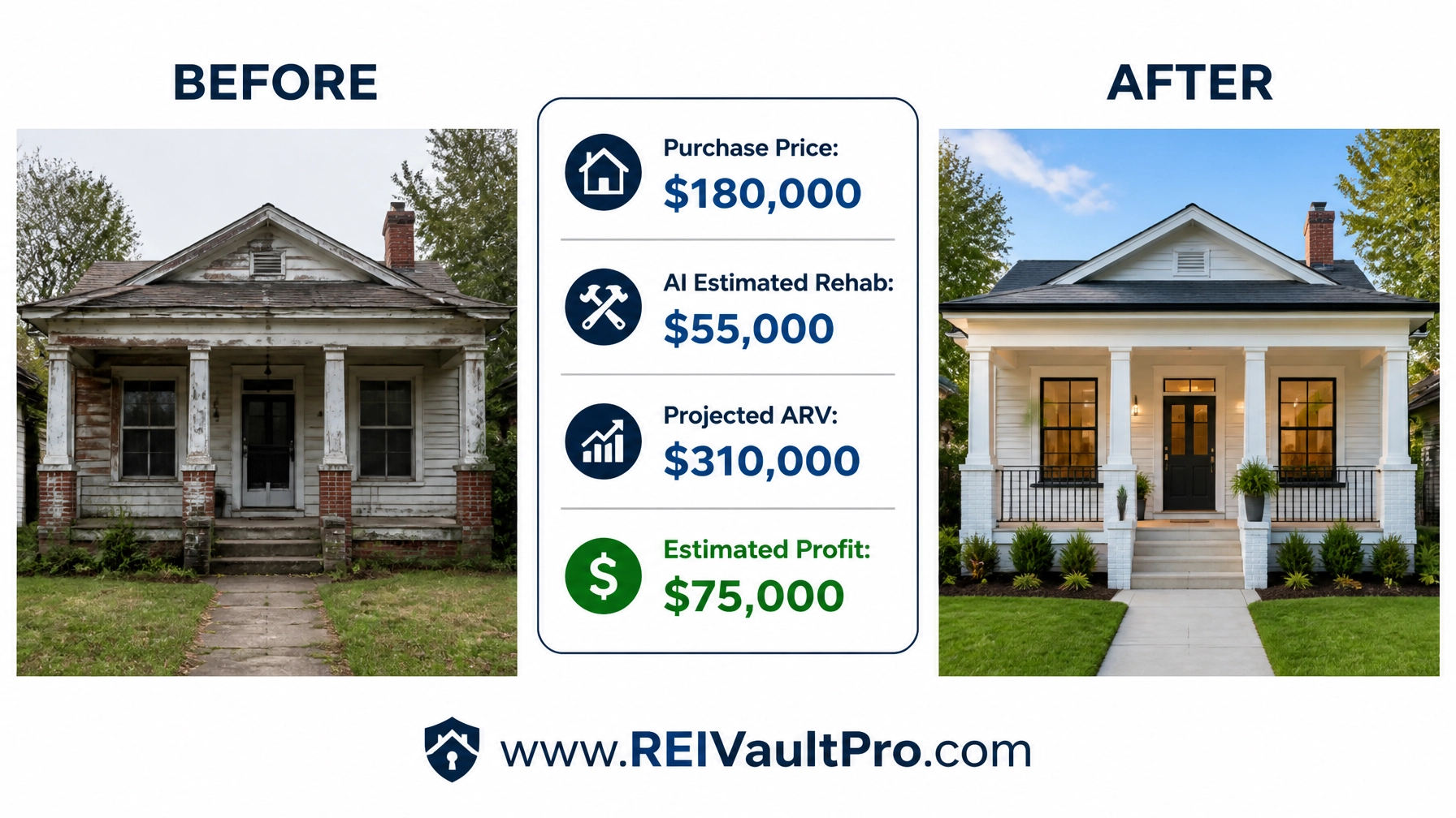 Real estate rehab analysis graphic with before and after photos and profit projections