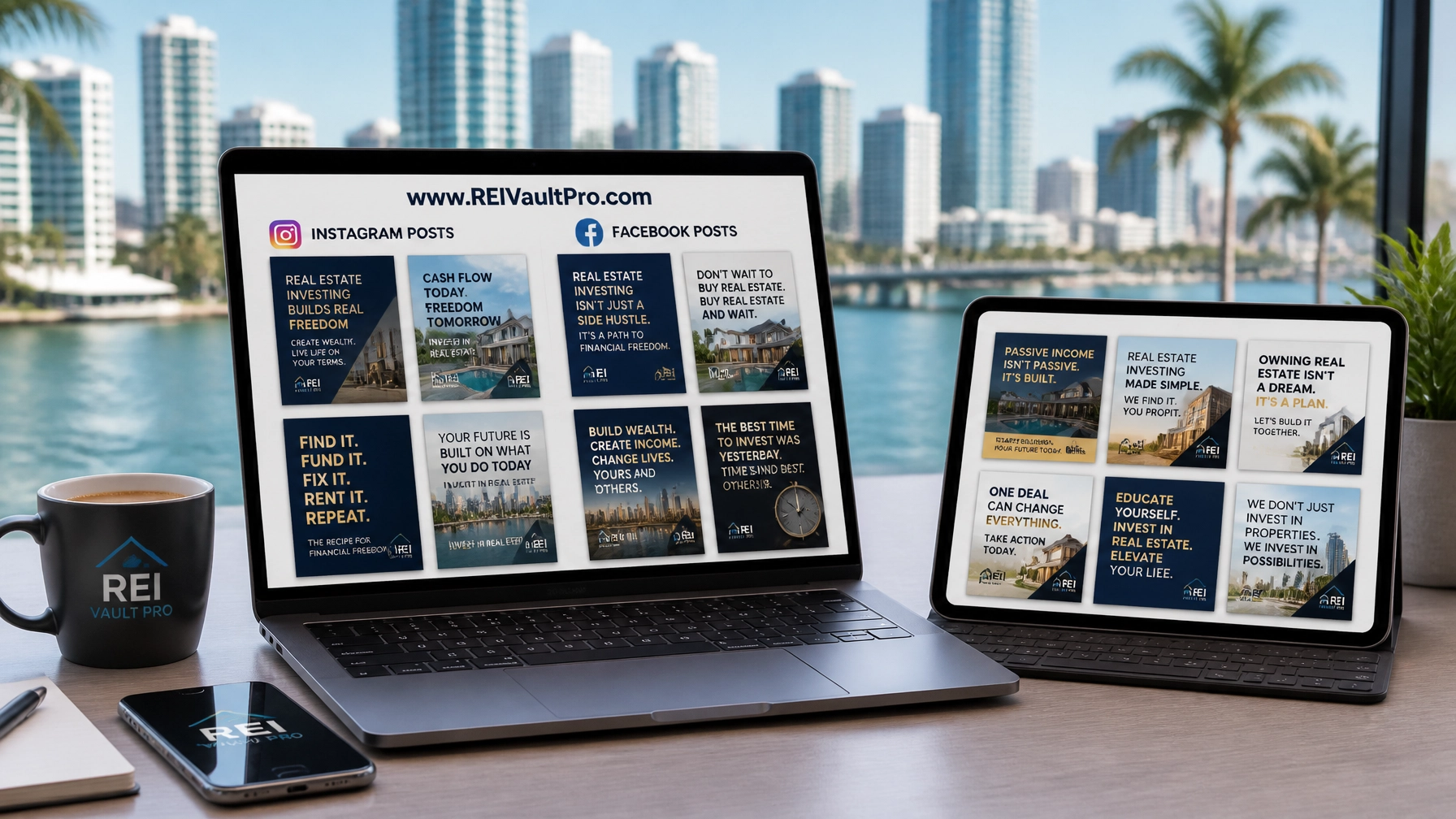 A professional workspace showing a laptop and tablet displaying AI-generated social media post templates for real estate investing with a sunny Florida city skyline in the background.