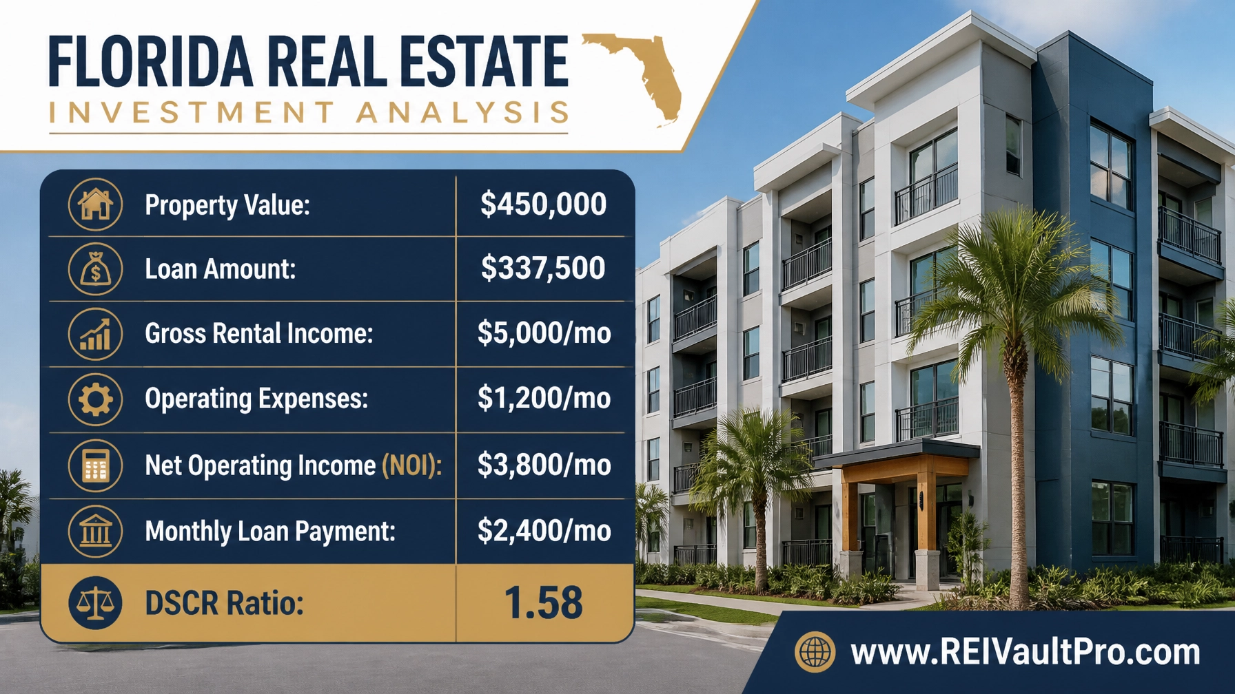 A professional financial calculation chart for an Orlando 4-unit investment showing Property Value: $450,000, Loan Amount: $337,500, Gross Rental Income: $5,000/mo, NOI: $3,800/mo, and DSCR Ratio: 1.58.