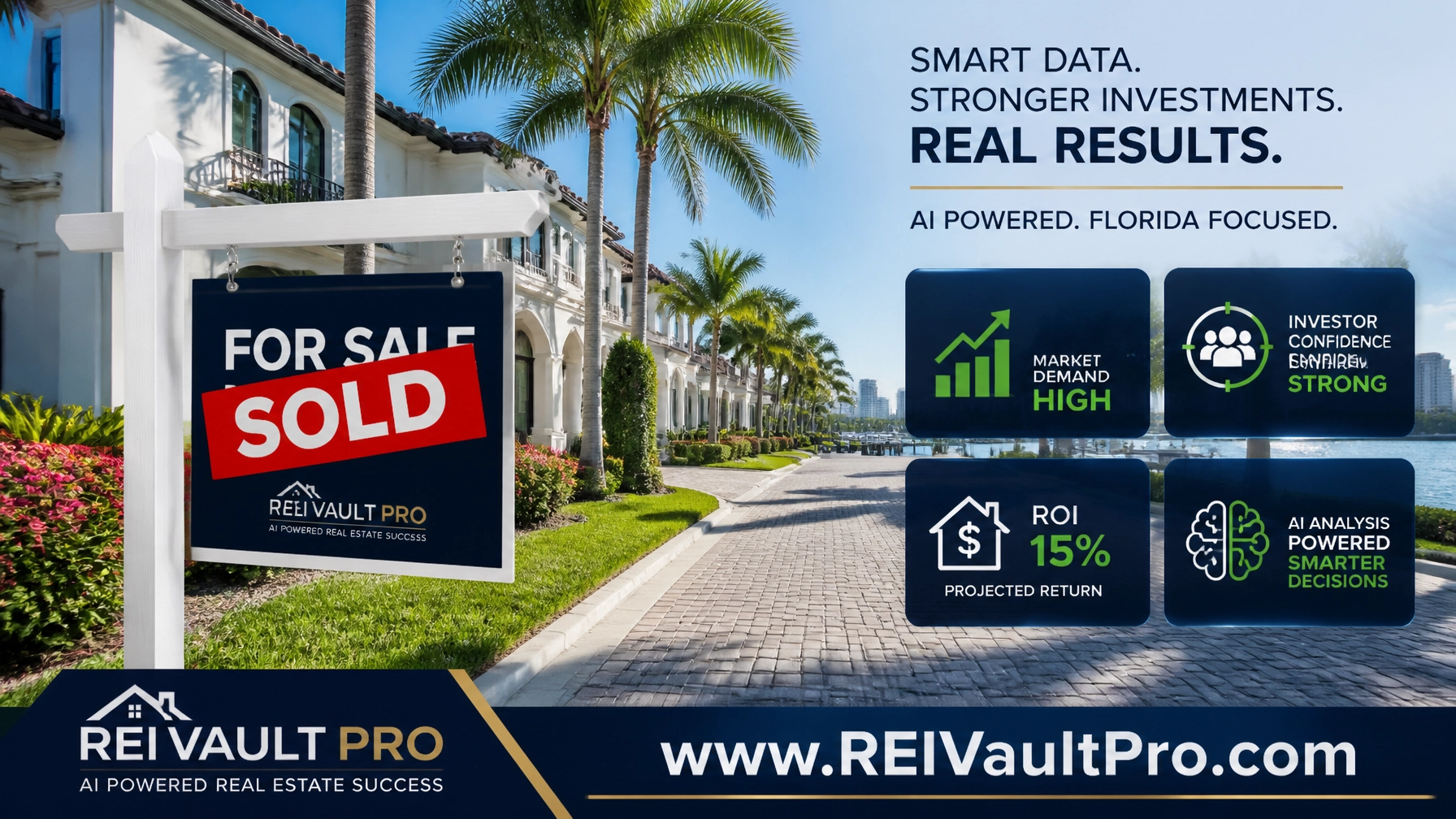 A high-end residential street in Florida with a 'FOR SALE' sign and a 'SOLD' overlay, showing AI analysis metrics like 'Market Demand High' and 'ROI 15%'.