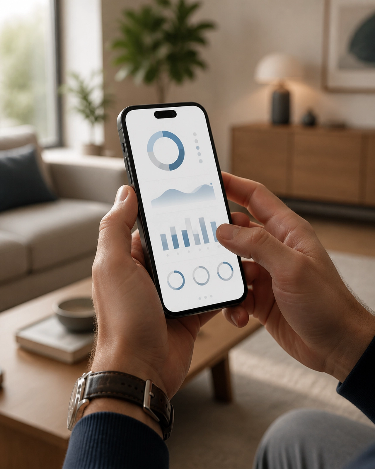 Person using a tablet with clean data visualizations in a modern living room.