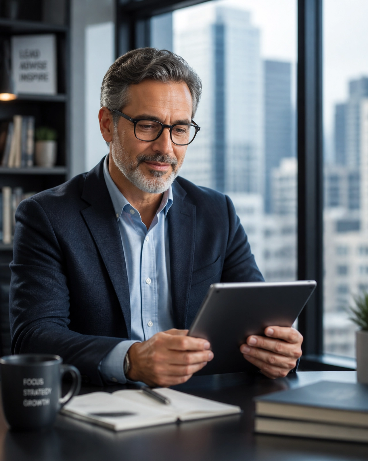 Professional mentor-advisor figure reviewing data on a tablet in a modern office.