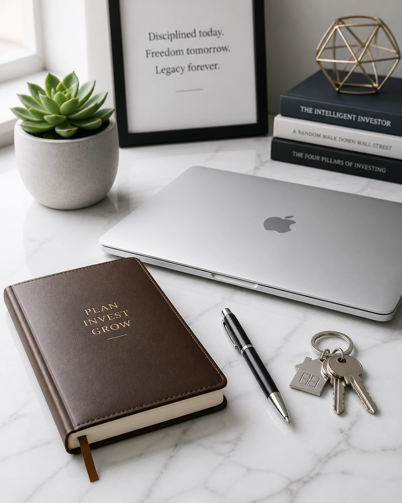 Clean, minimalist workspace with silver house keys, symbolizing a successful deal closing.