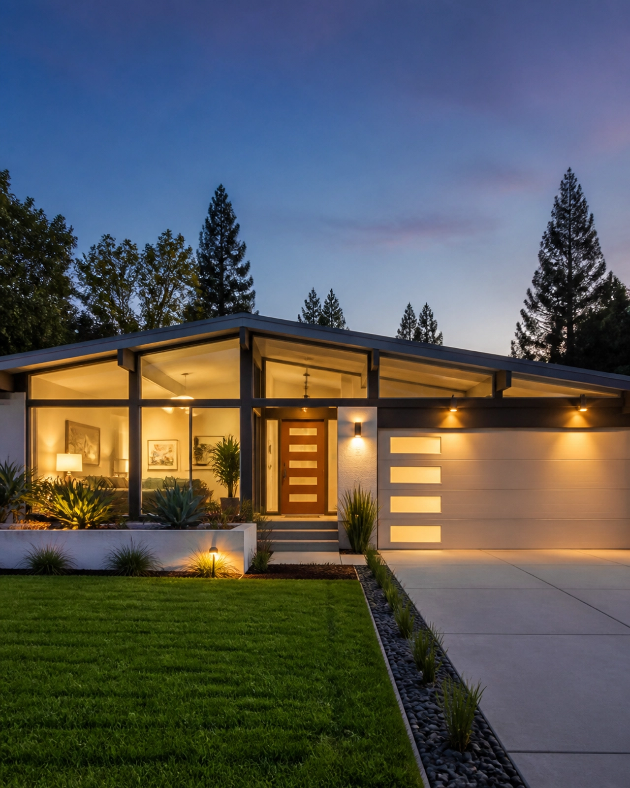 A beautifully renovated modern house at twilight, representing the result of a successful BRRRR strategy.