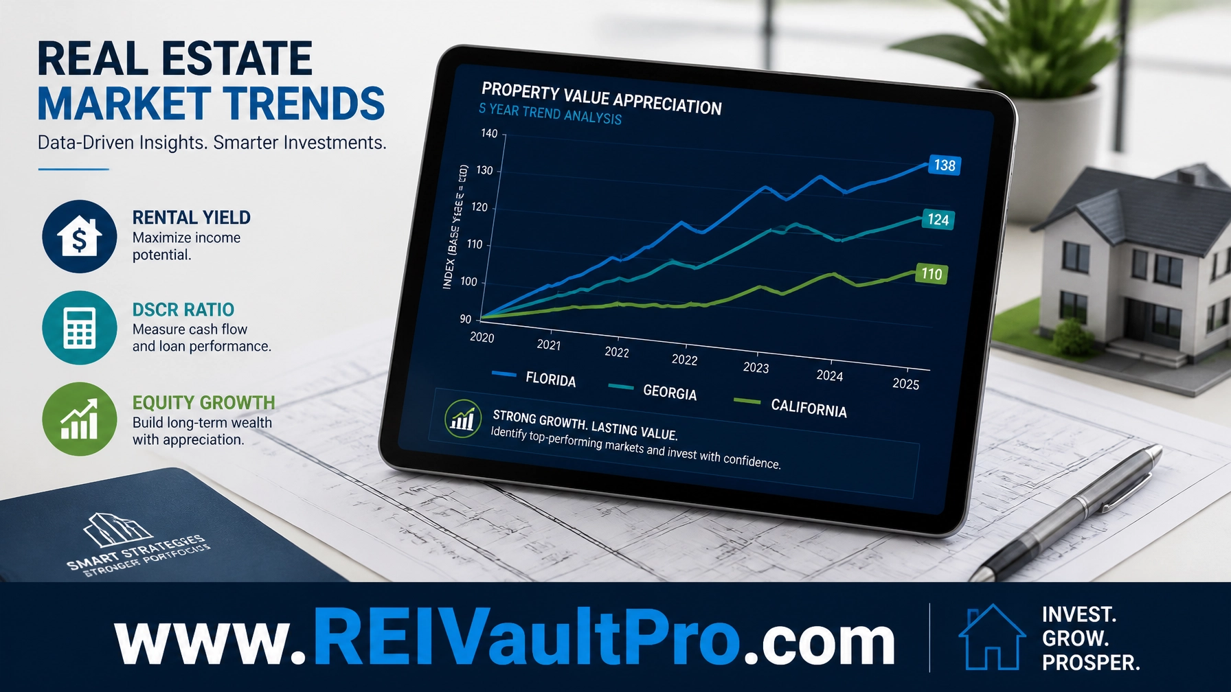 A professional real estate market trends graphic featuring property value appreciation and investment icons.