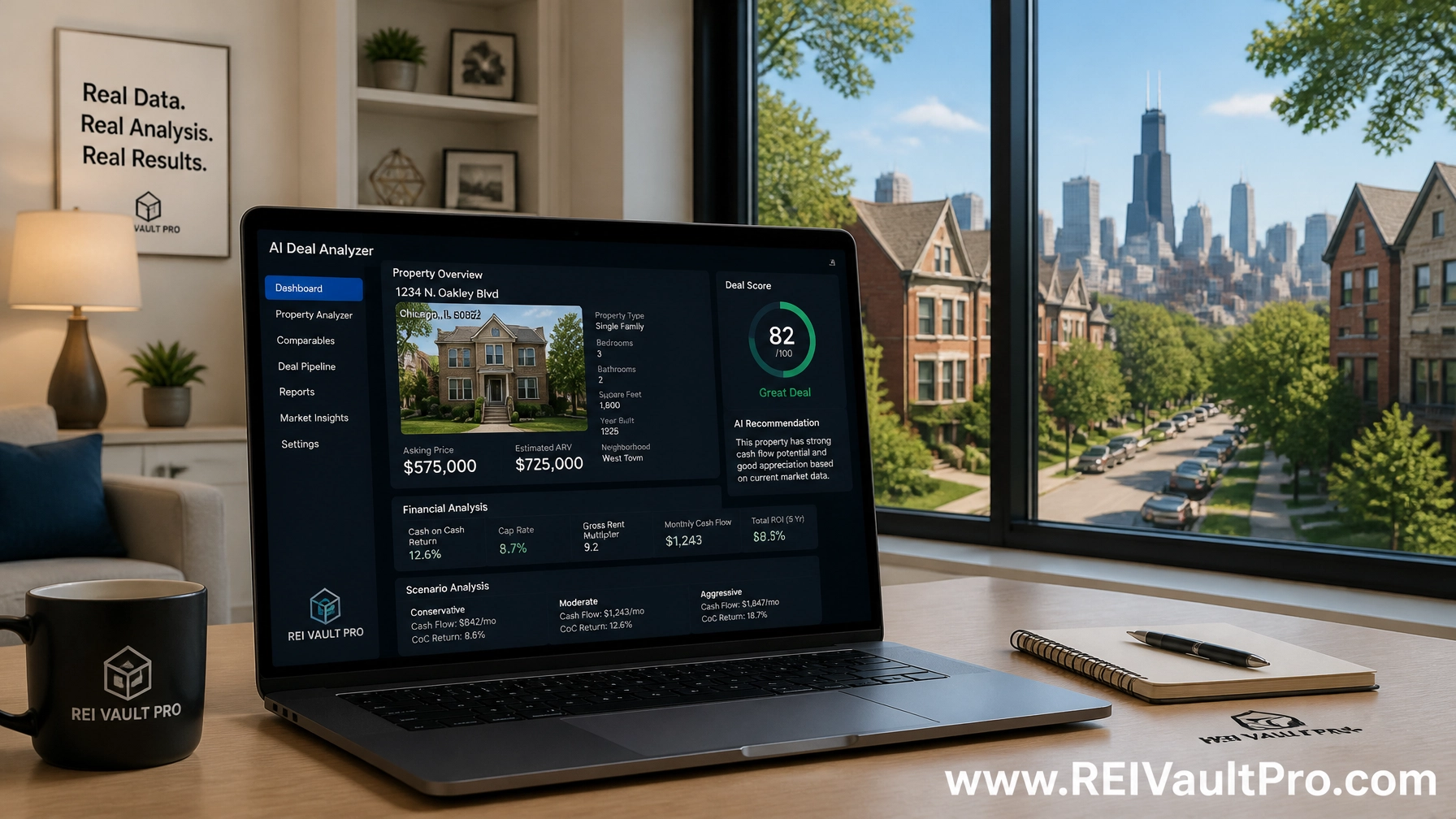 A modern office setting showing a laptop with the AI Deal Analyzer interface and a suburban neighborhood view.
