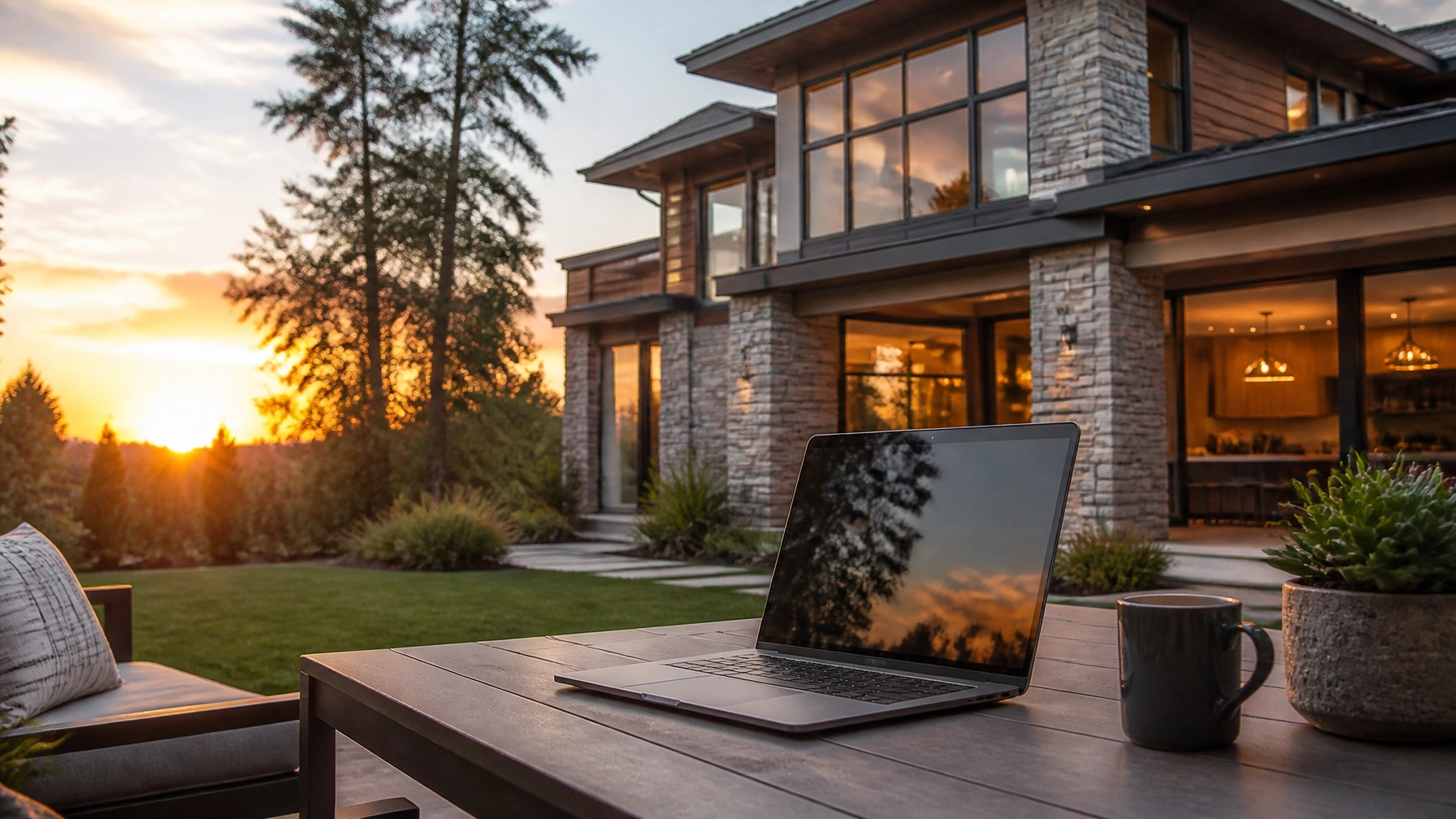 A modern suburban home at sunset with a laptop open on a patio table, representing a well-managed business.