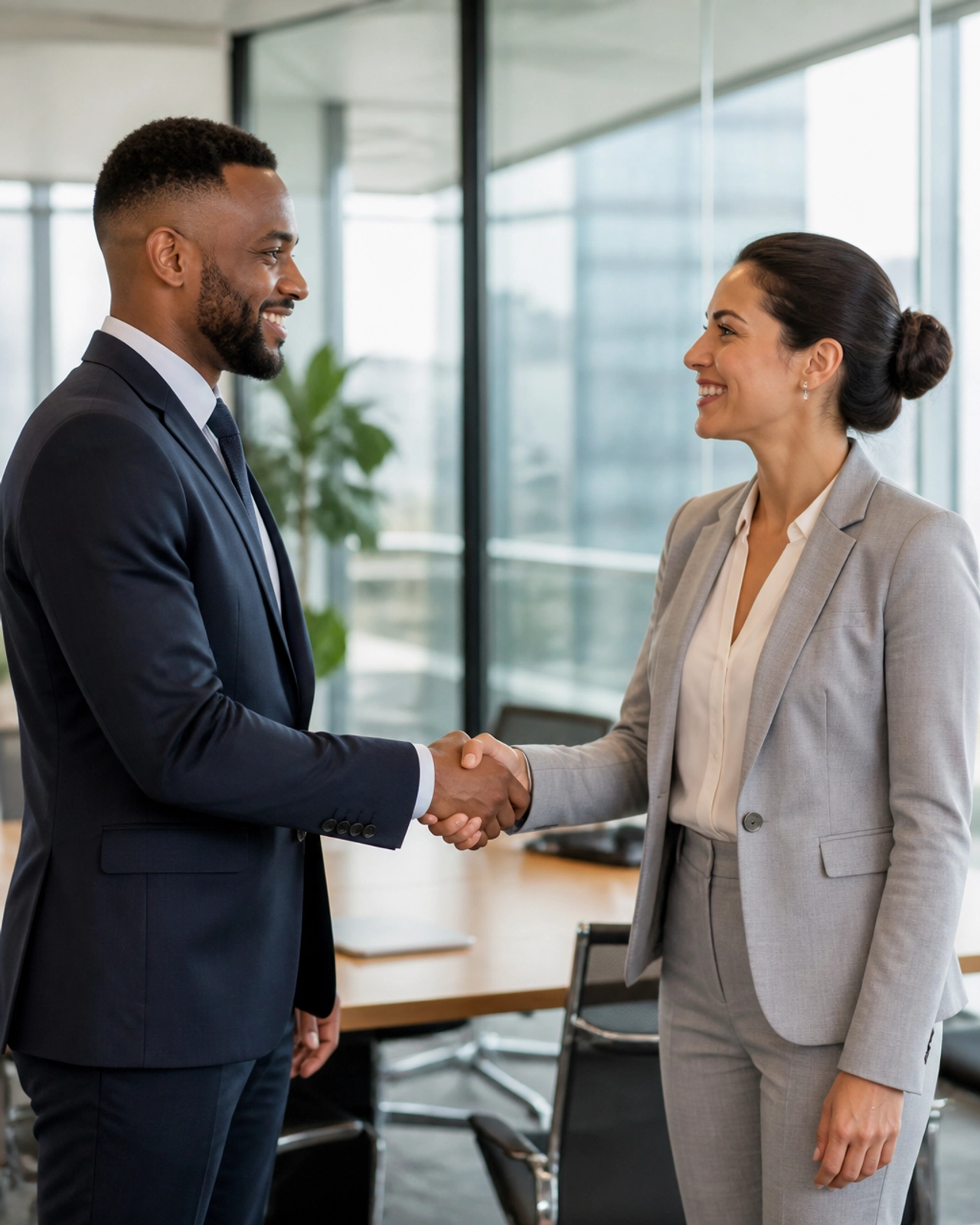 Professional real estate partners shaking hands in a modern conference room after a successful deal.