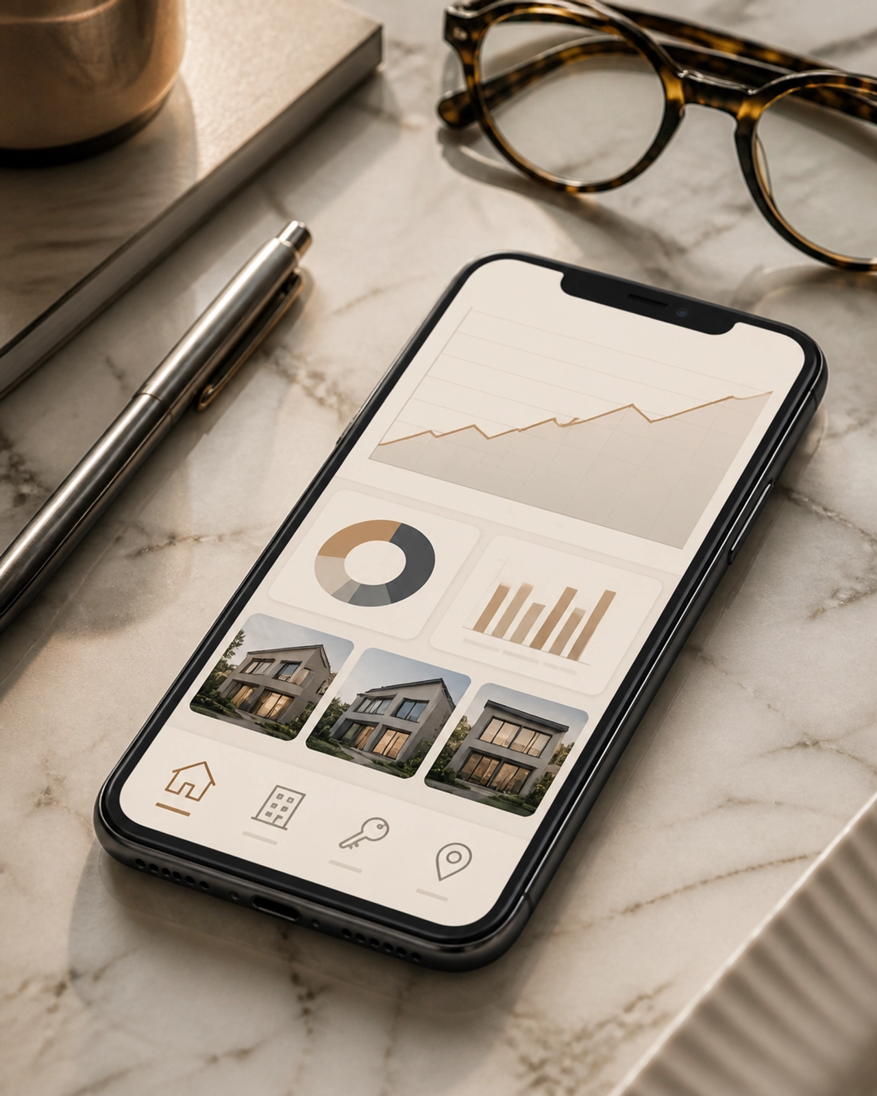 A close-up of a high-end smartphone on a desk showing professional real estate market trends.
