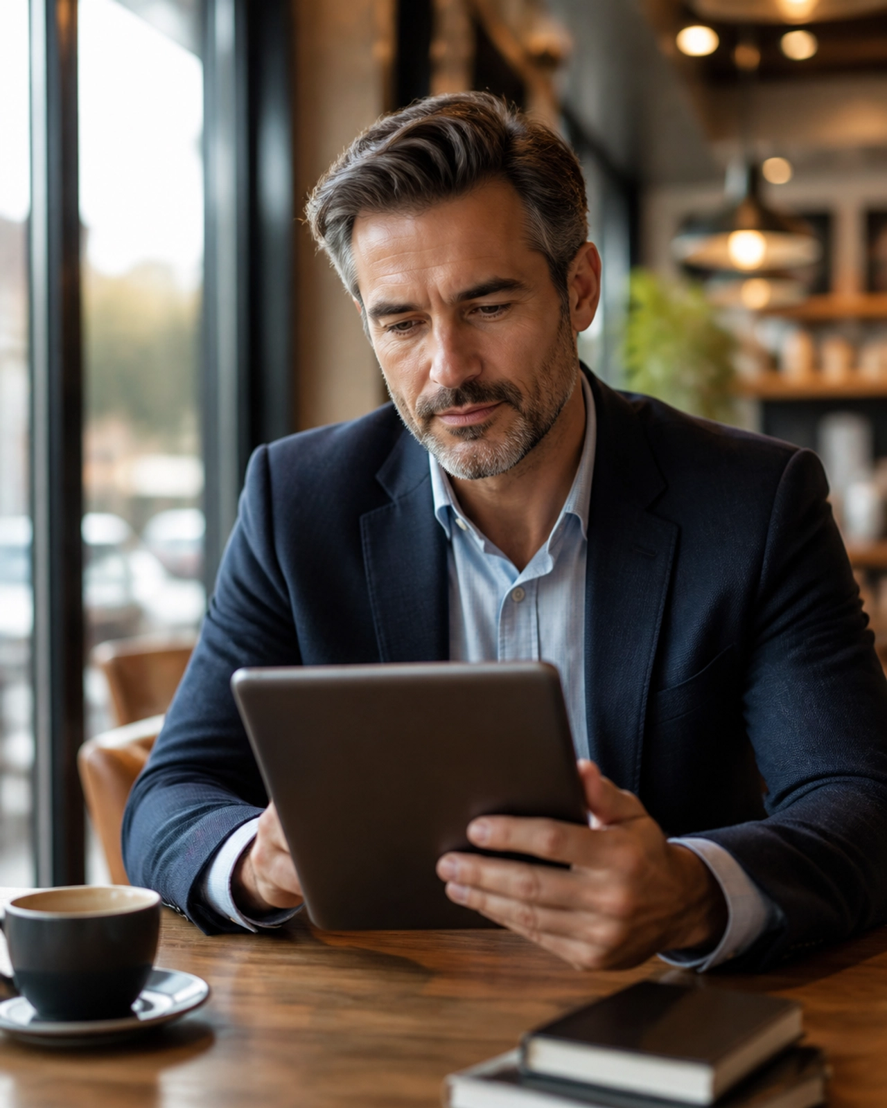 A professional real estate mentor sitting in a contemporary cafe, focused on an analytical tablet.