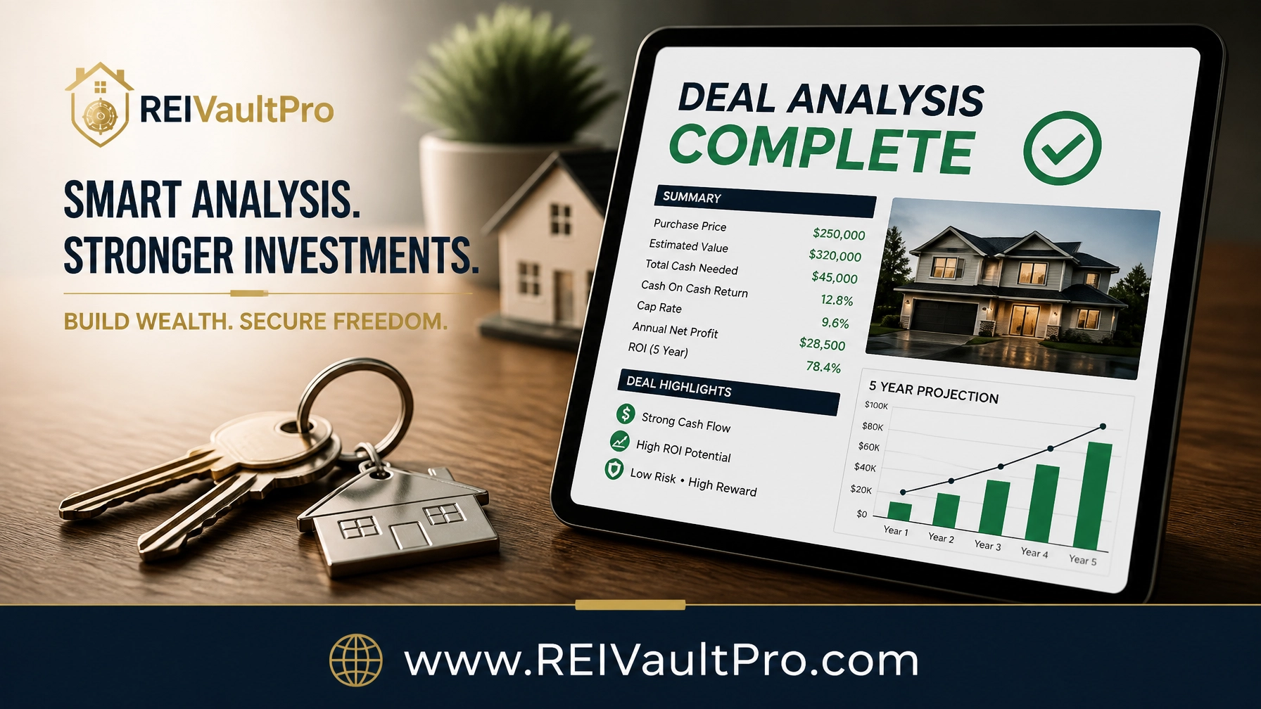 Real estate keys on a tablet displaying a deal analysis report with www.REIVaultPro.com