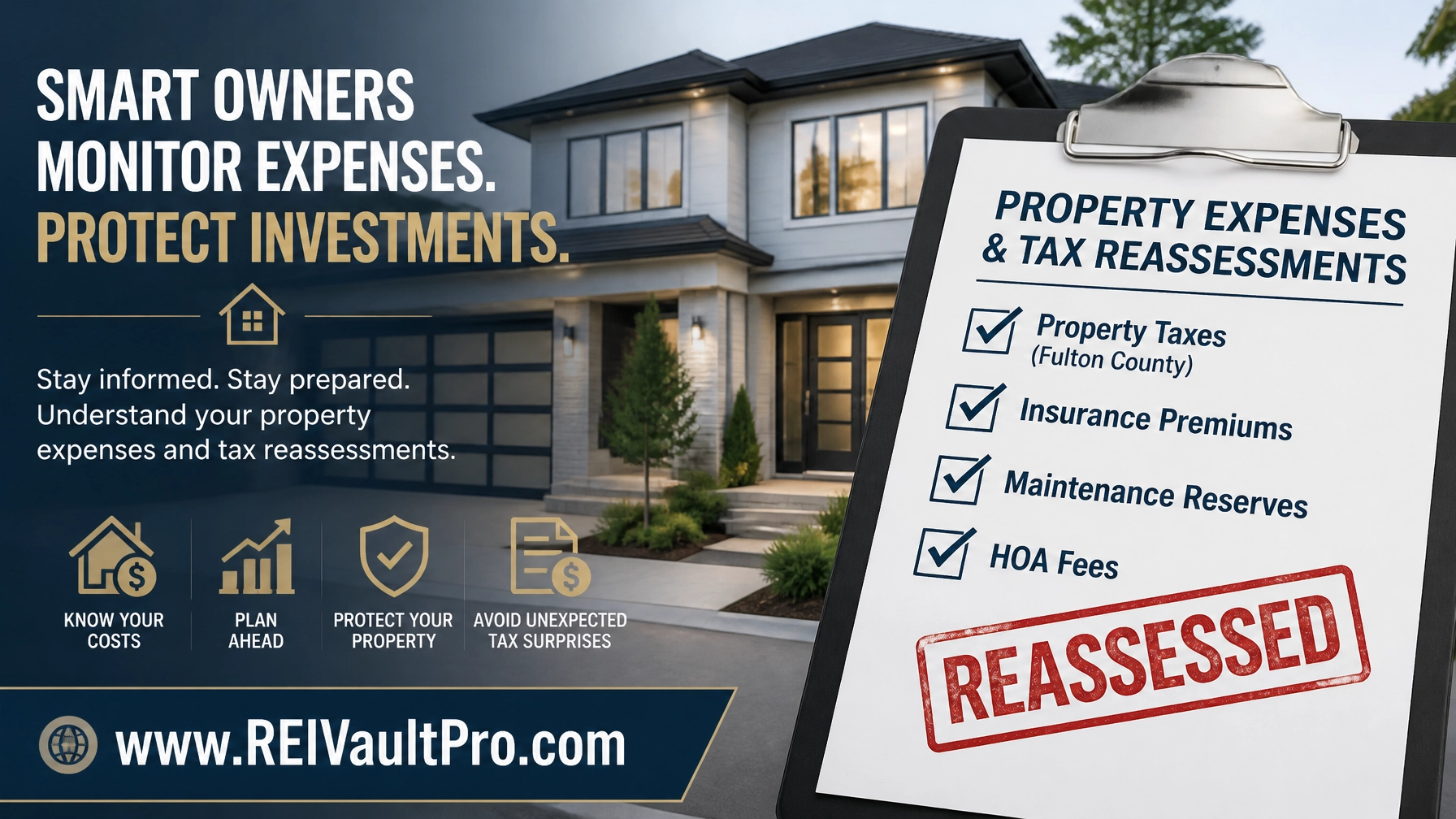 Professional real estate graphic illustrating property expenses and tax reassessments with www.REIVaultPro.com