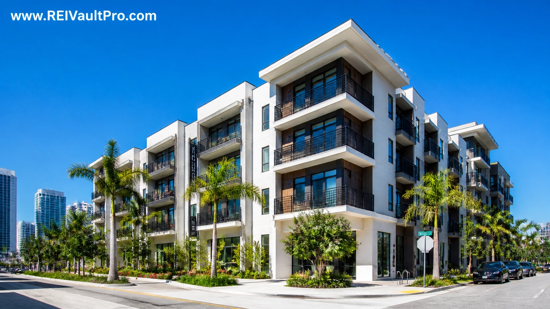 Multi-family apartment building in a sunny Florida city.