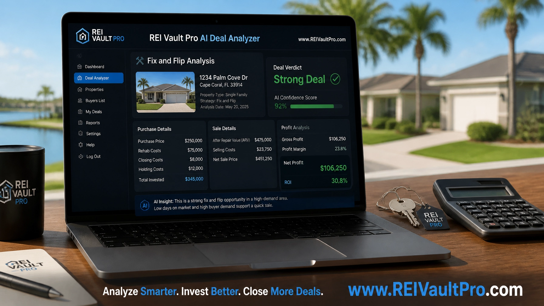 Laptop showing REI Vault Pro AI Deal Analyzer interface for a fix and flip calculation
