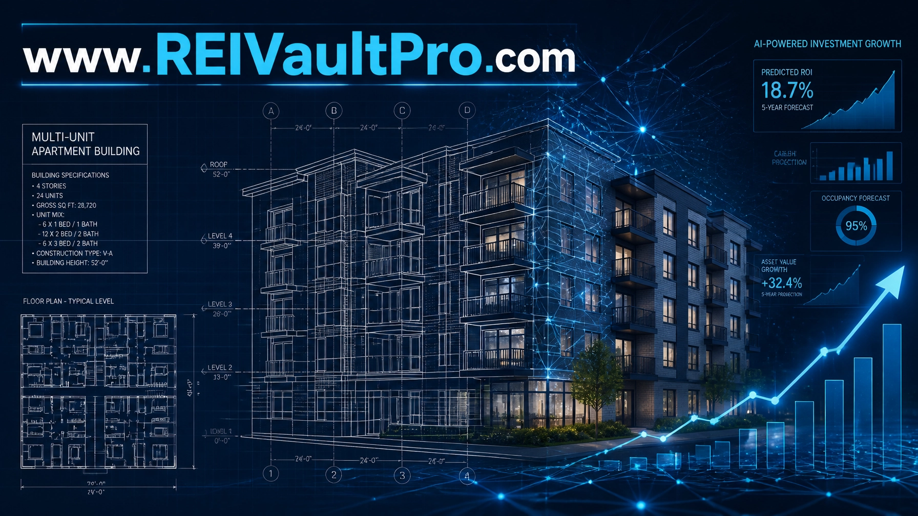 Architectural blueprint overlaid with digital AI data points representing investment growth