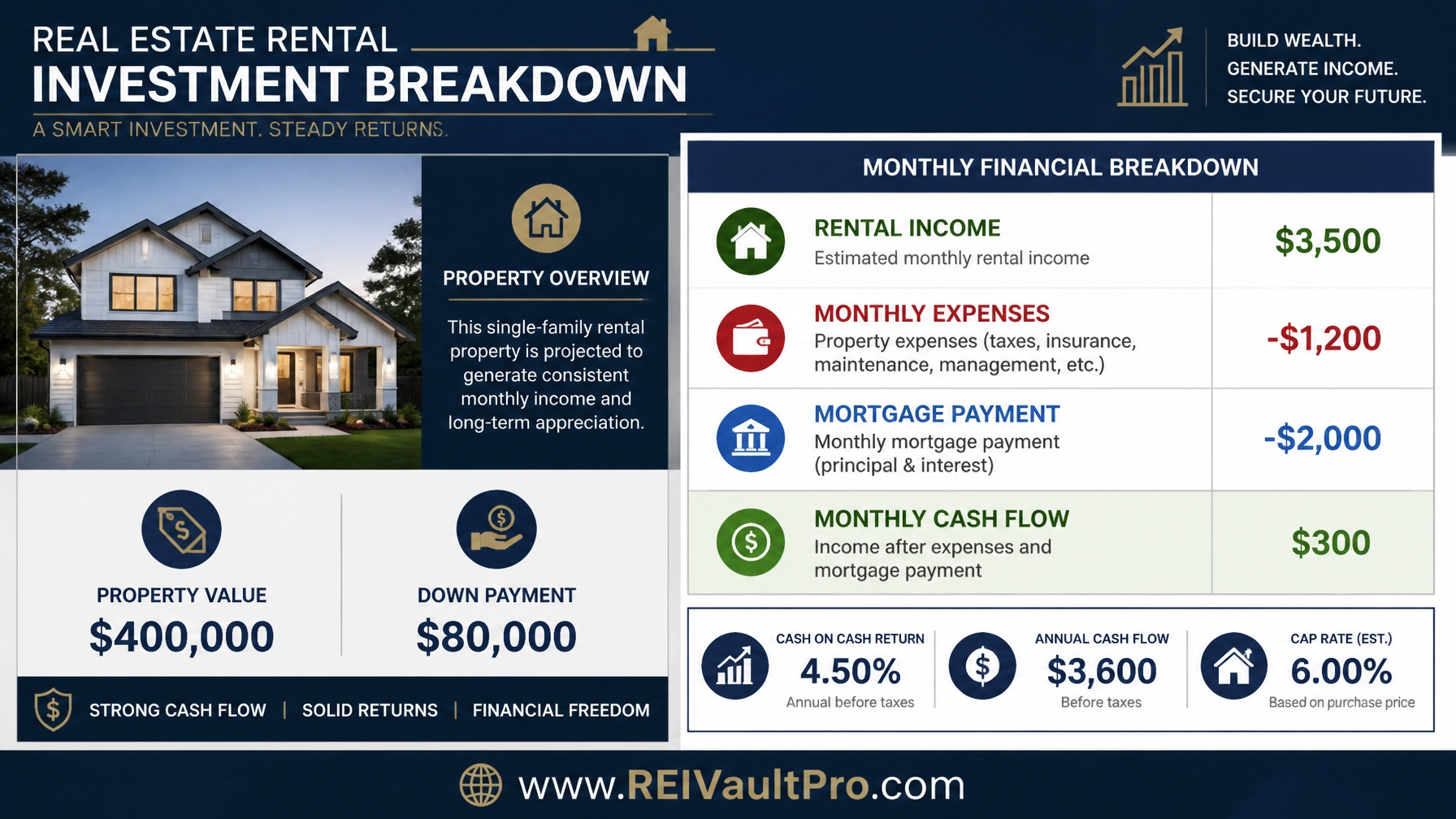Professional financial breakdown for a rental property investment showing income and expenses