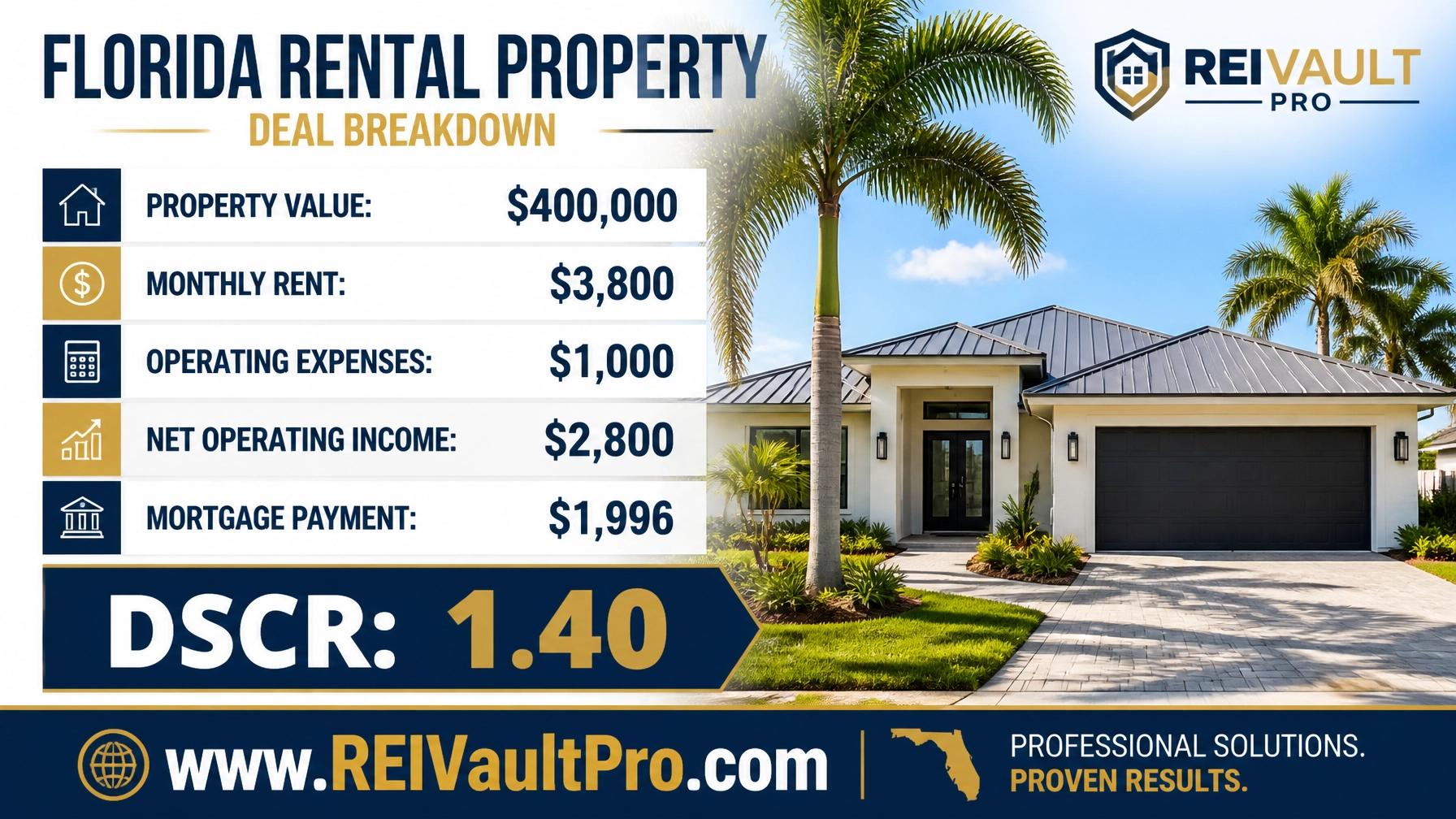Financial infographic showing the DSCR calculation for a $400,000 Florida property with 1.40 ratio.