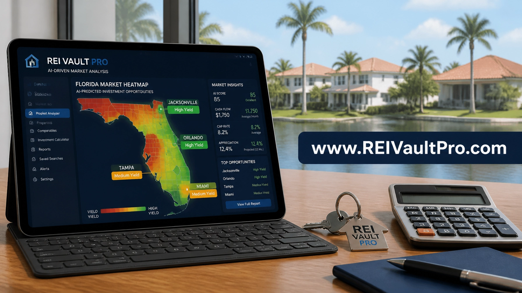 Professional landscape showing an AI-driven real estate market analysis tool with a heatmap of Florida.