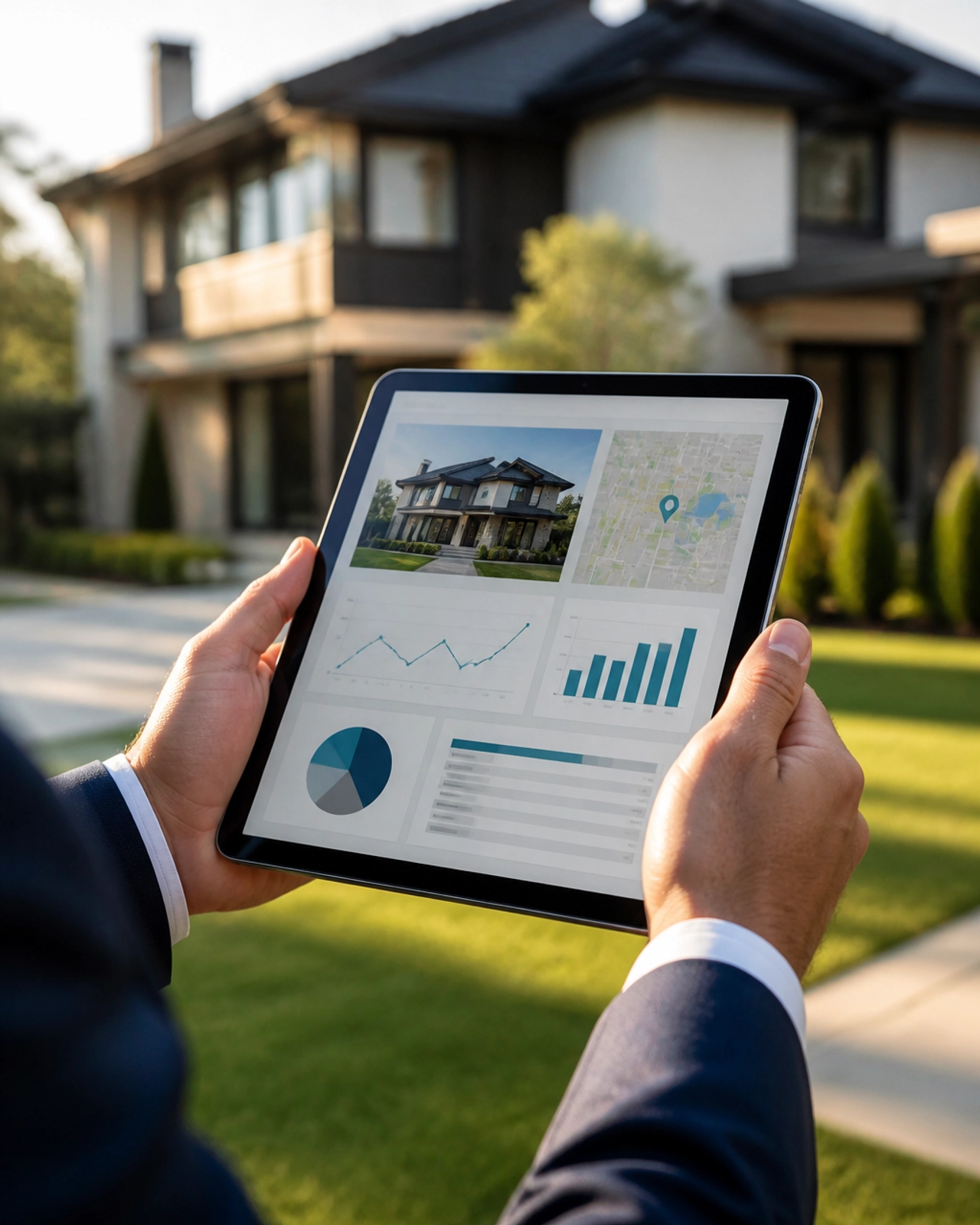 A professional real estate investor's hands holding a tablet displaying property analysis data in front of a modern suburban home.