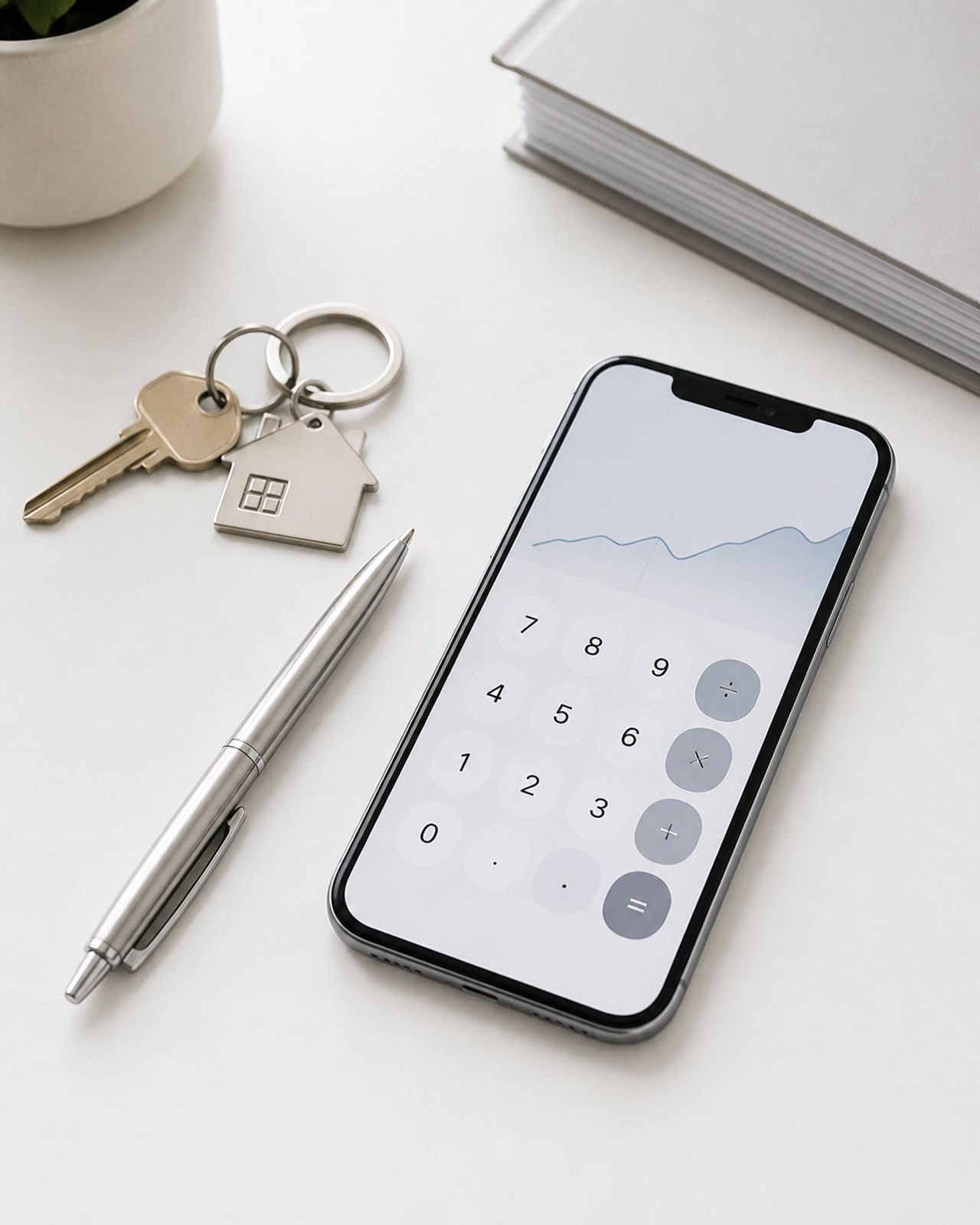 A minimalist desk setup with house keys and a smartphone, representing the successful conclusion of a data-driven real estate deal.
