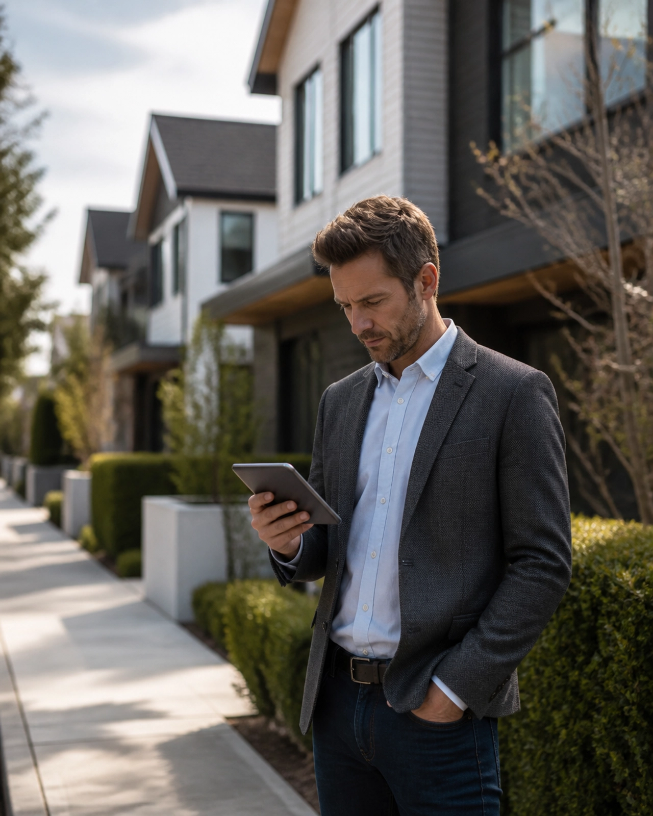 A professional investor standing on a residential street, using a mobile device to perform real-time market analysis.