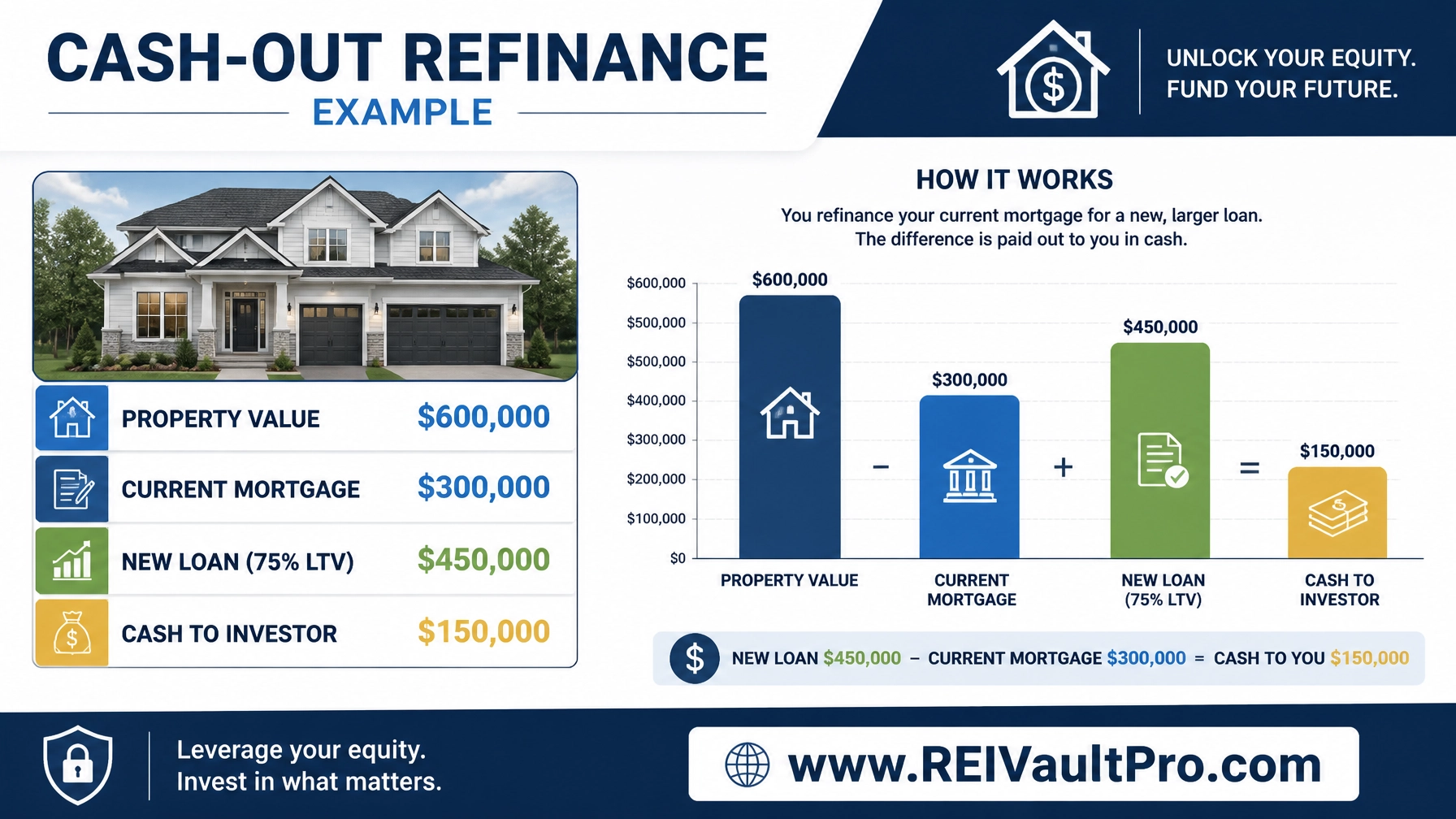 Financial infographic showing a Cash-Out Refinance example with property value and equity extraction numbers