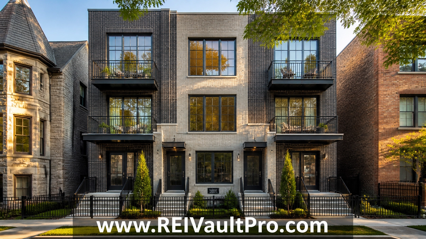 Professional photograph of a modern 4-unit residential building in a metropolitan area like Chicago