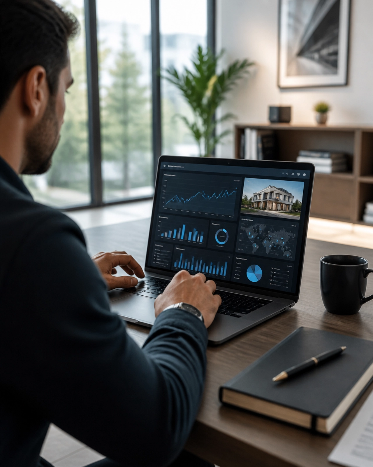 A real estate investor working on a modern laptop, reviewing property analytics in a bright office environment.