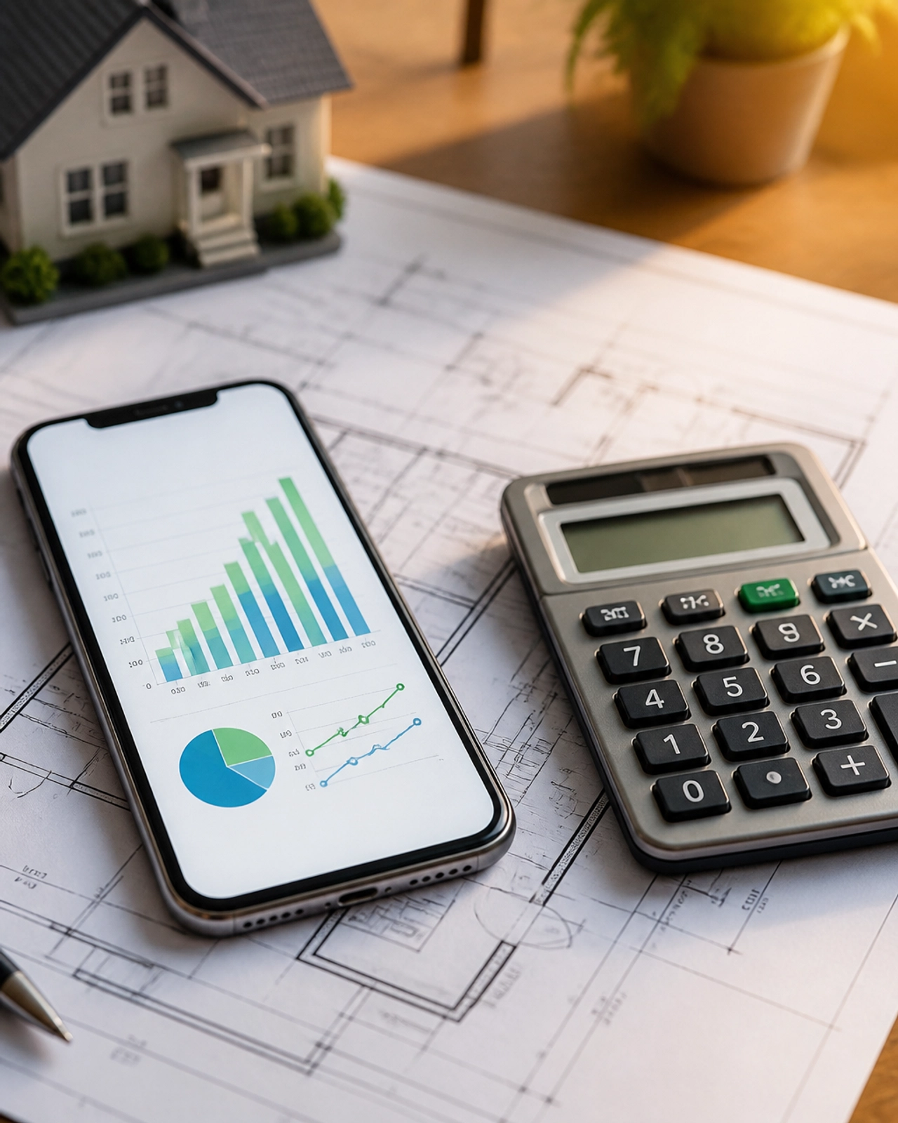 A close-up of a smartphone and a calculator on top of architectural blueprints, representing financial analysis.