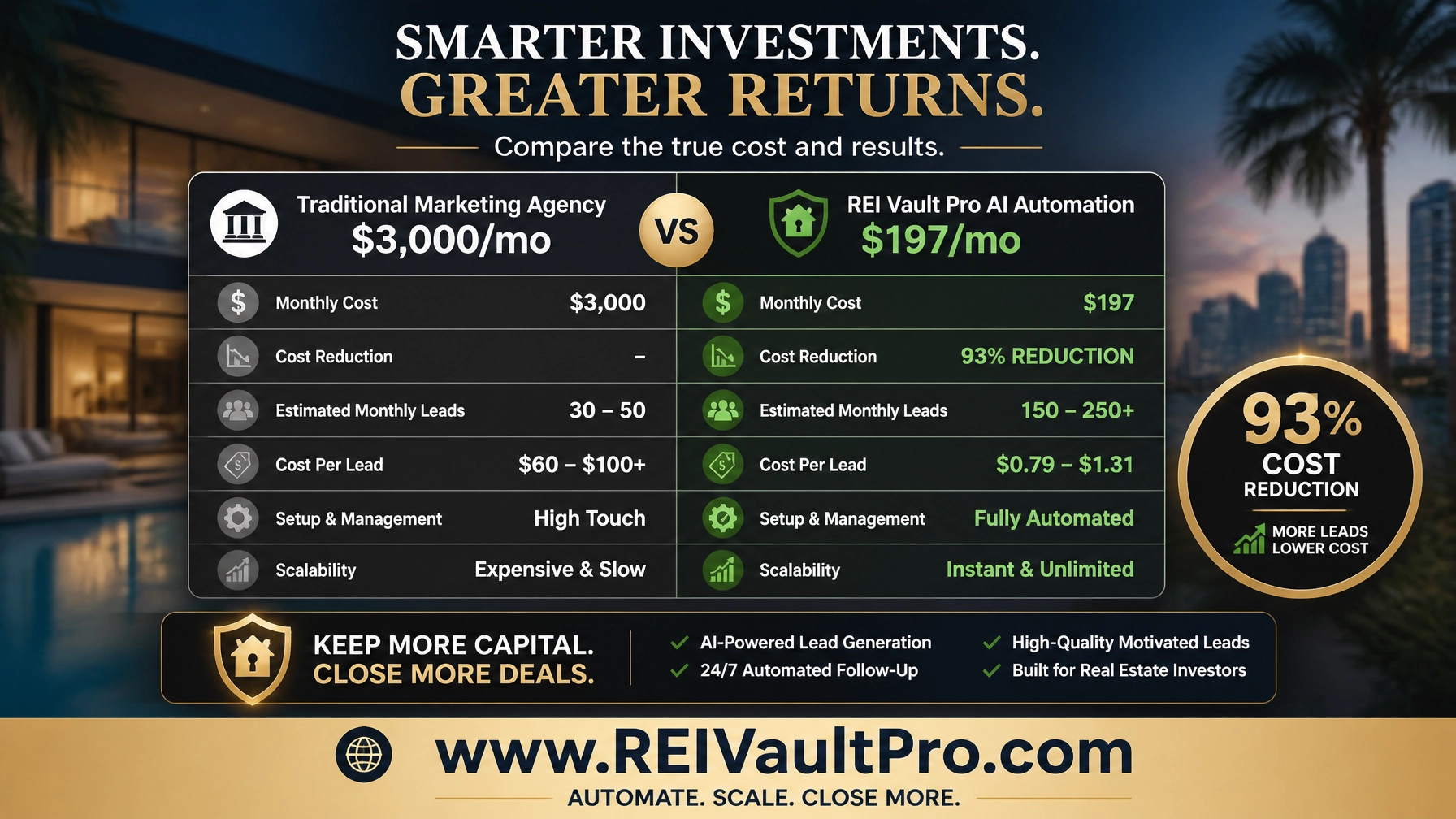 A professional financial comparison chart showing 93% cost reduction between traditional agency and REI Vault Pro AI.