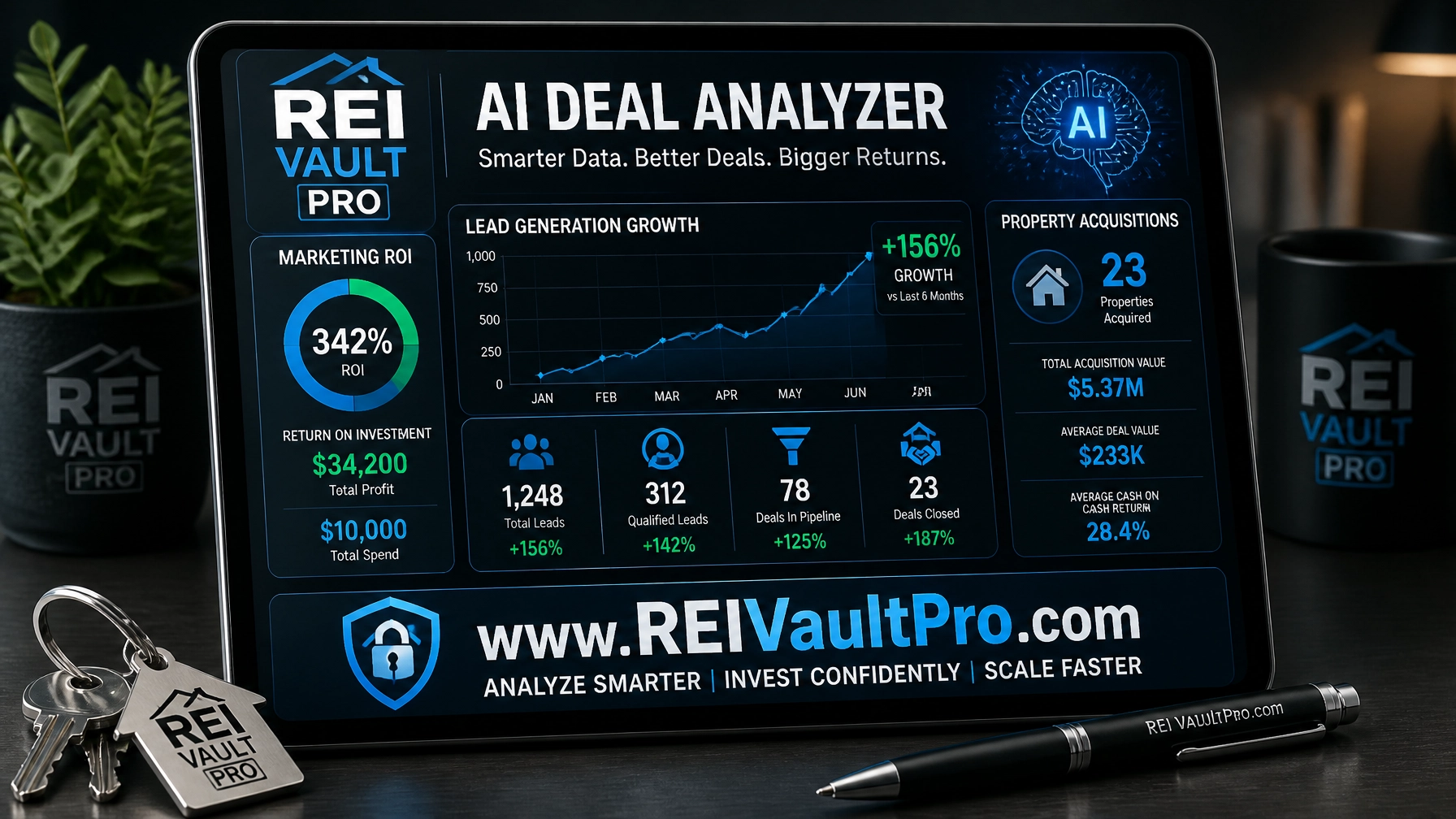 A high-tech digital interface displaying 'AI Deal Analyzer' and 'Marketing ROI' metrics.