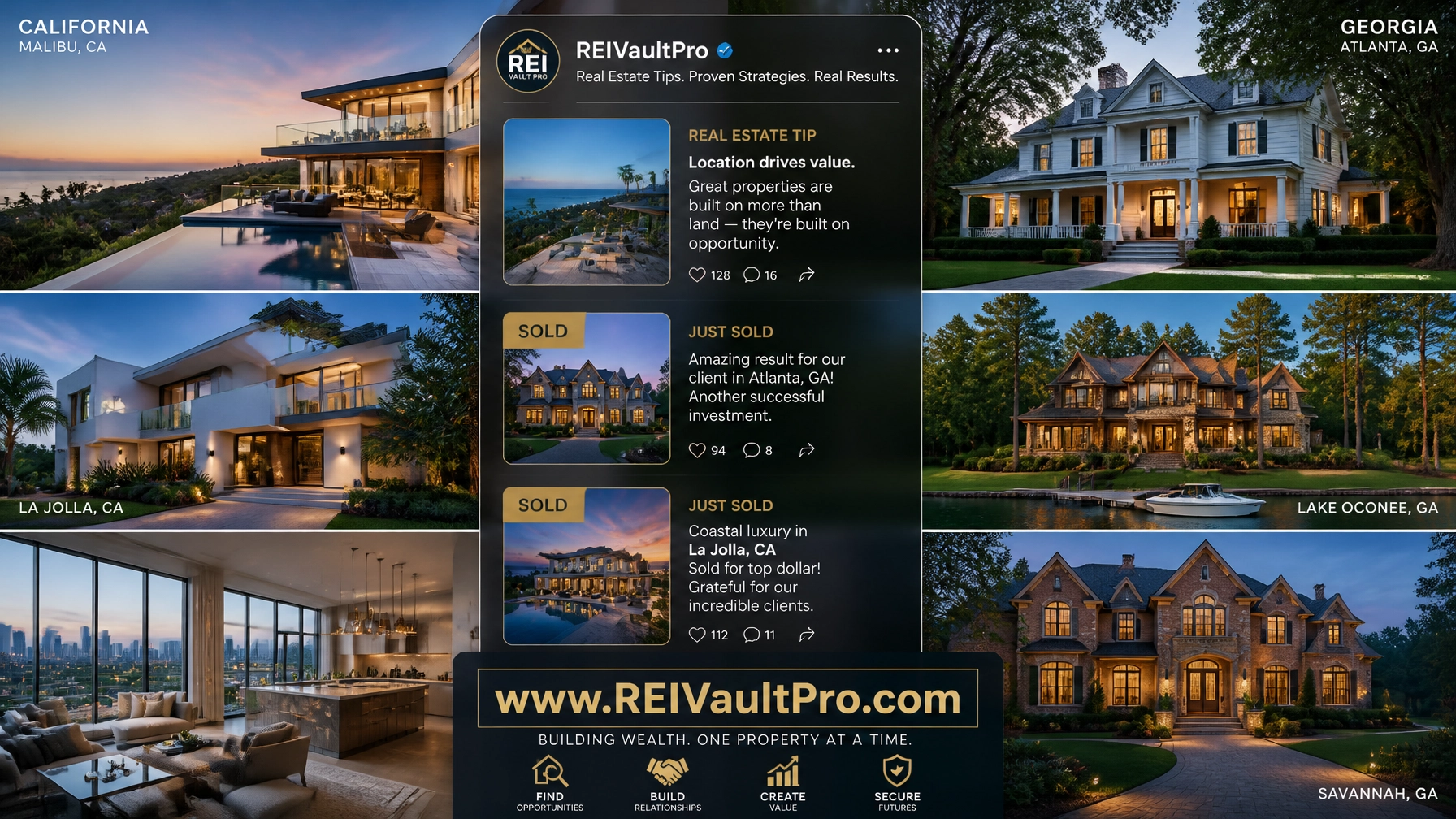 A collage of luxury real estate properties in California and Georgia with a social media feed overlay.