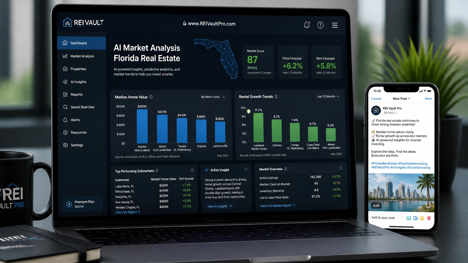 A landscape image showing a professional financial dashboard on a high-end laptop screen. The dashboard displays 'AI Market Analysis' for Florida real estate, including bar charts for 'Median Home Value' and 'Rental Growth Trends'. A smartphone is next to the laptop showing a social media post draft.