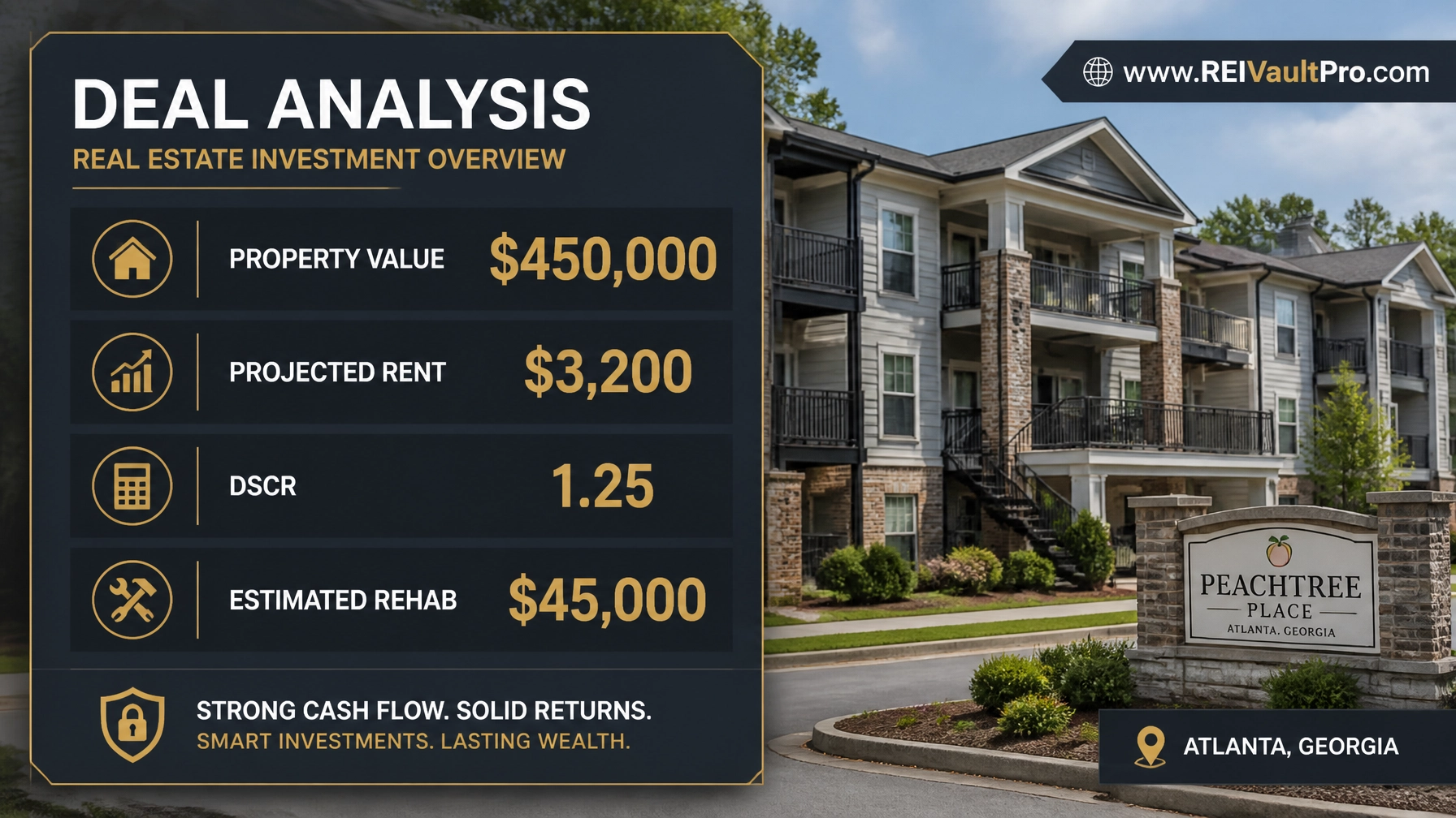 A landscape-oriented visual showing a detailed real estate deal analysis breakdown. It lists 'Property Value: $450,000', 'Projected Rent: $3,200', 'DSCR: 1.25', and 'Estimated Rehab: $45,000'. The background is a blurred high-quality photo of a multi-unit apartment building in Georgia.