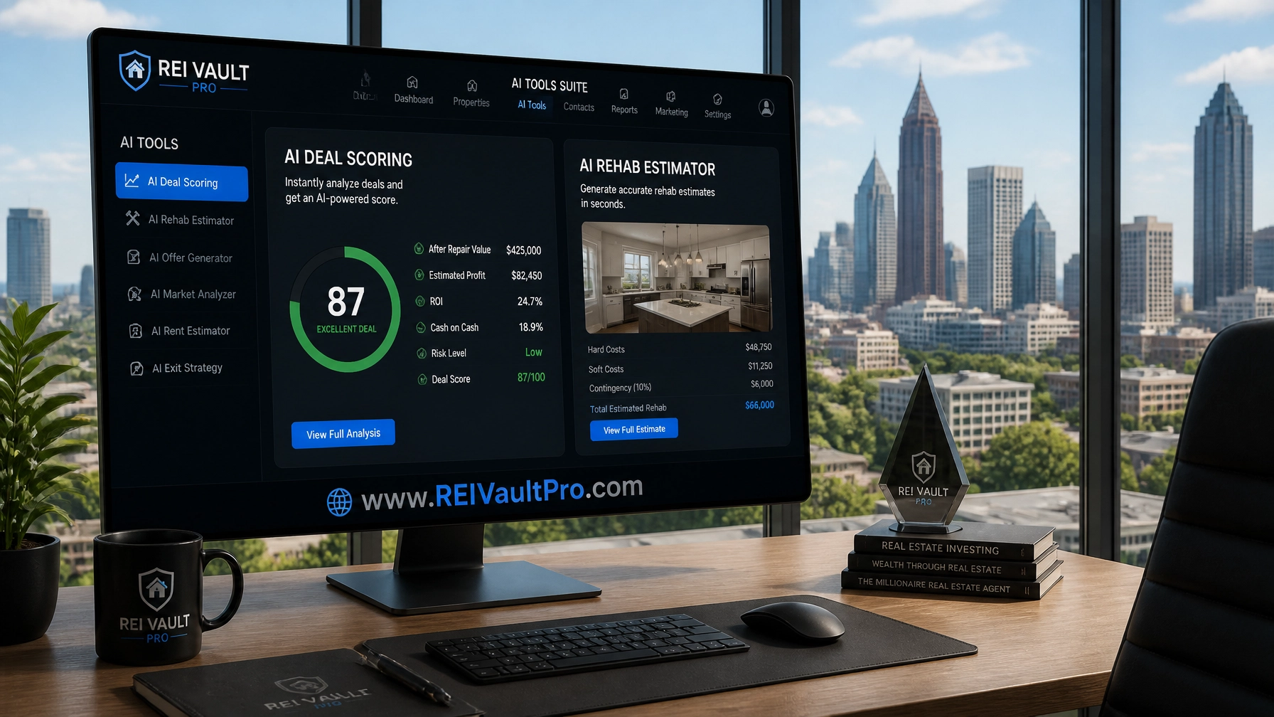 A landscape image of a modern home office with a large monitor showing the REI Vault Pro AI Tools suite. The screen displays 'AI Deal Scoring' and 'AI Rehab Estimator'. The setting is bright with a view of a city skyline like Atlanta through the window.