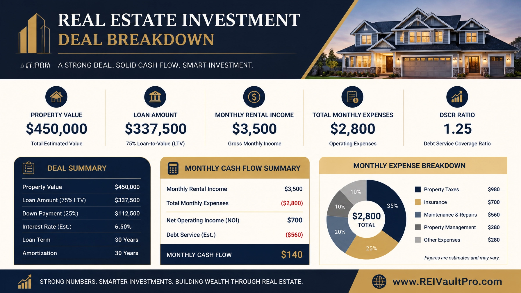 Professional financial infographic and deal breakdown chart for a real estate investment property