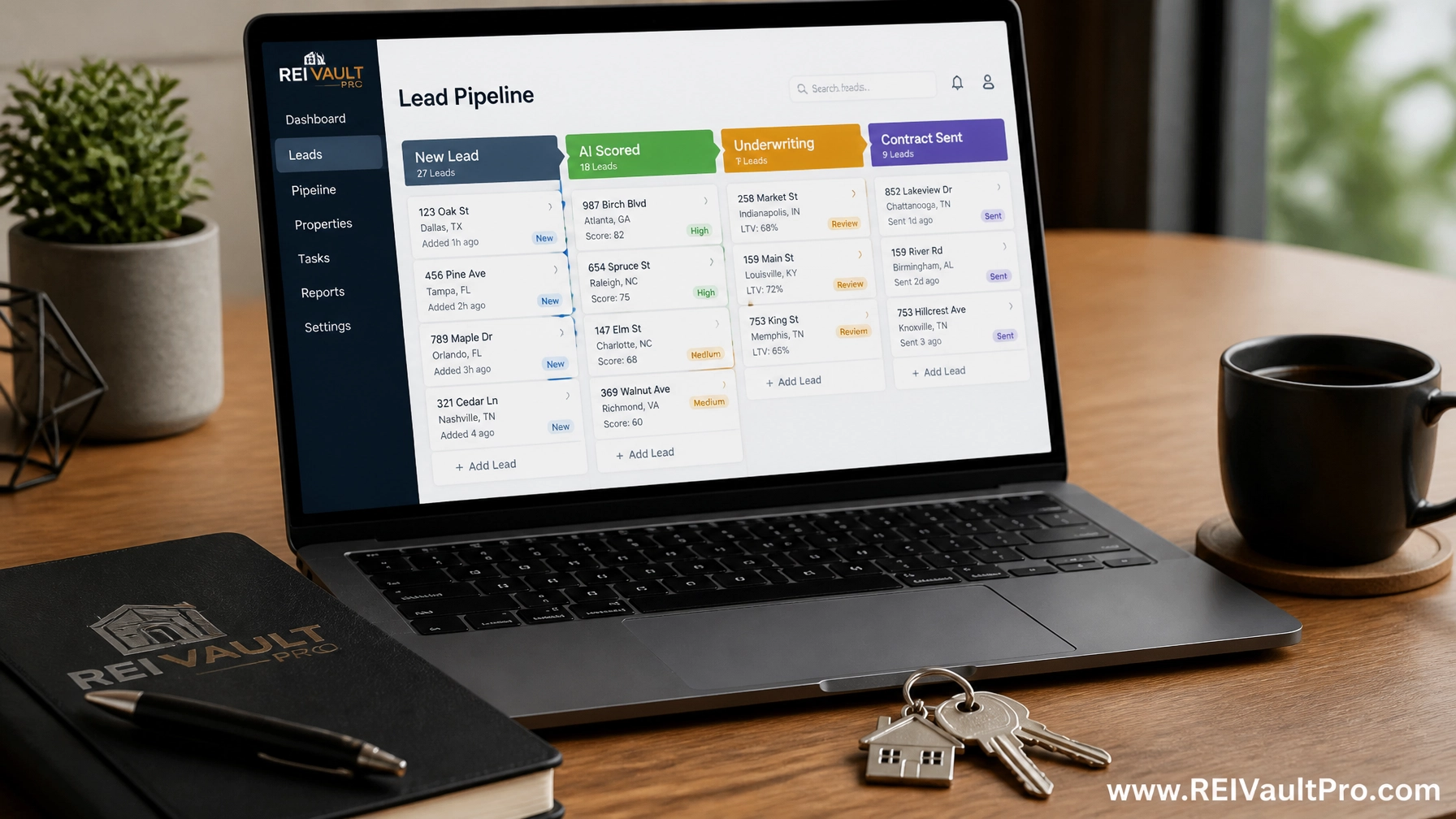 Laptop on a desk showing a lead pipeline with stages like New Lead and AI Scored