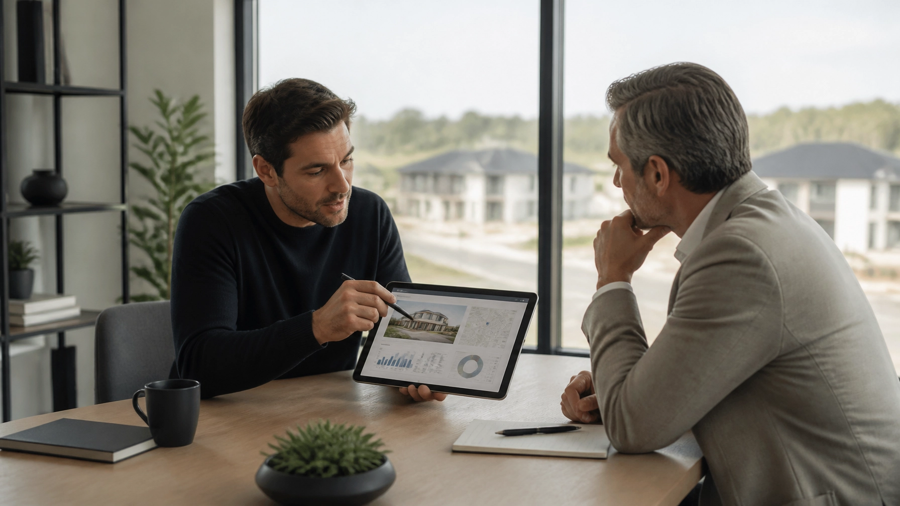 A mentor and investor discussing real estate data in a modern office