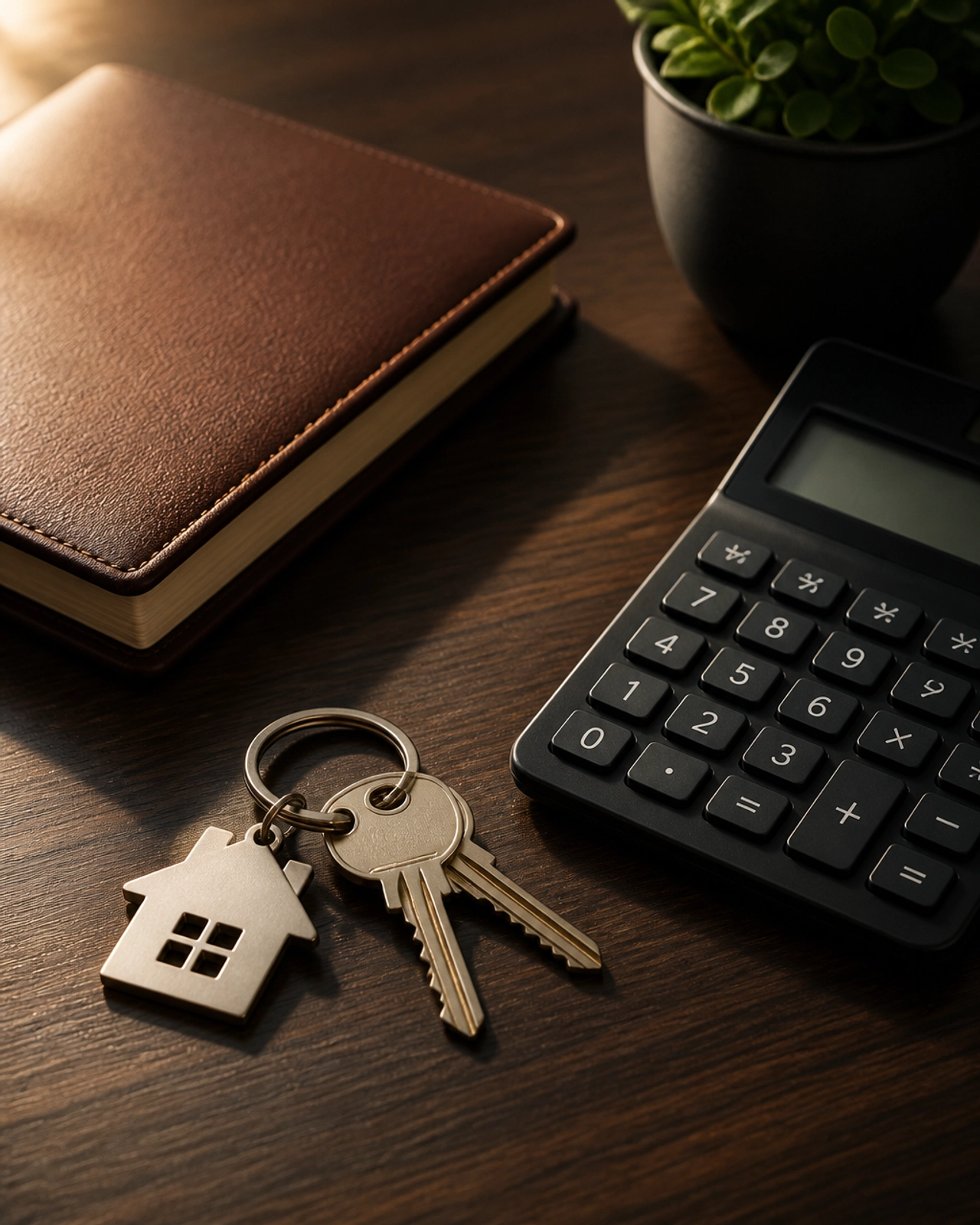 Minimalist still life with house keys, a calculator, and a notebook