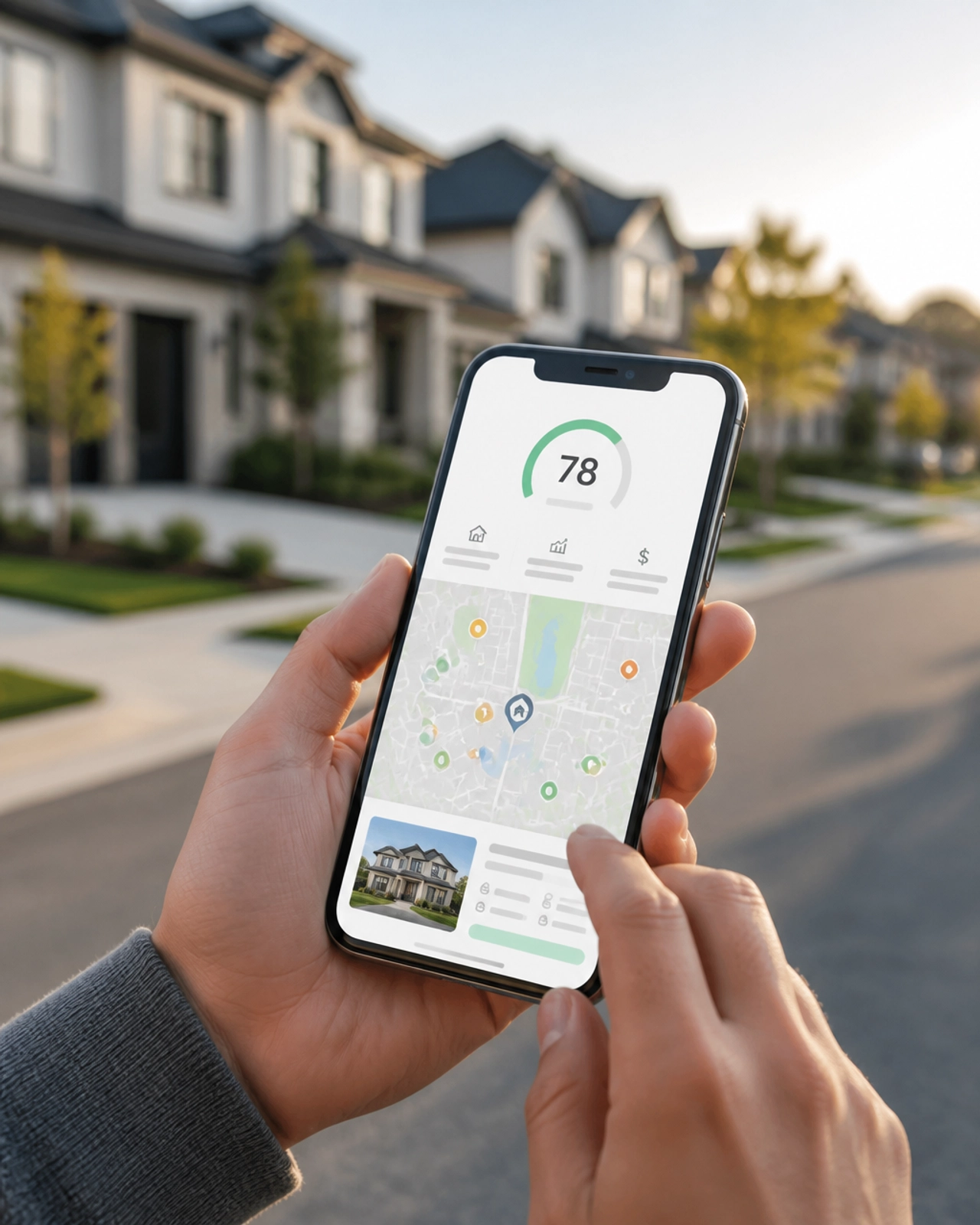 A close-up of a smartphone showing a real estate deal score and map