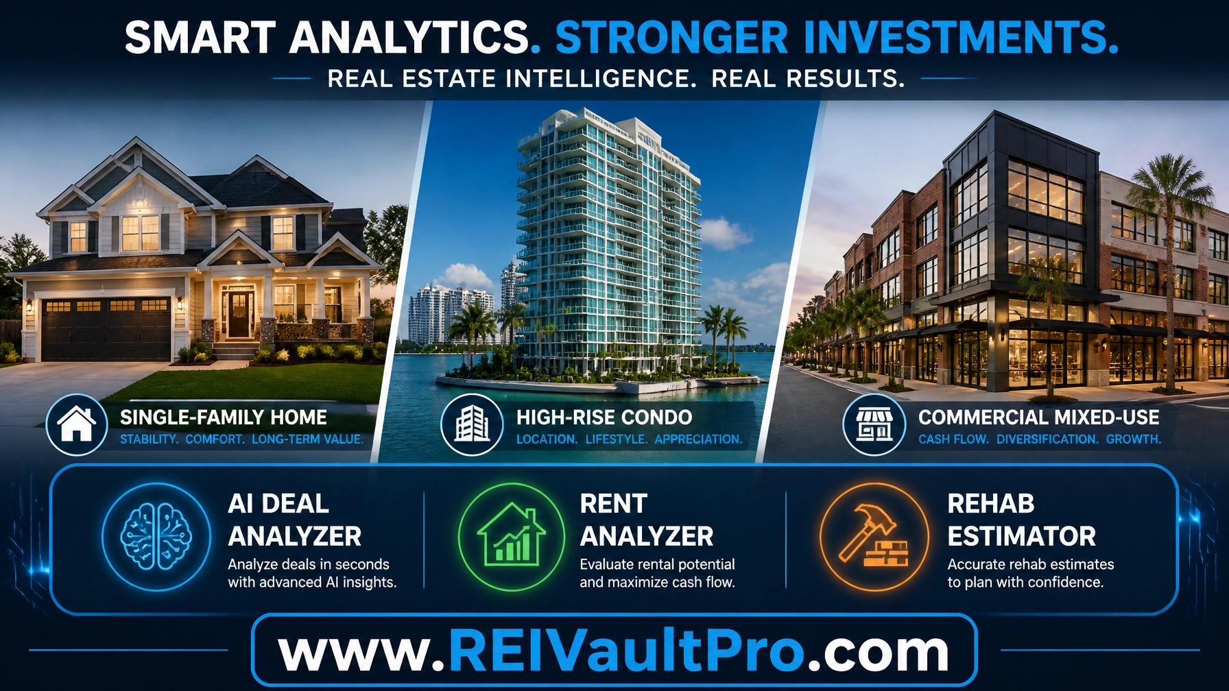 Collage of property types and REI Vault Pro AI tool icons.