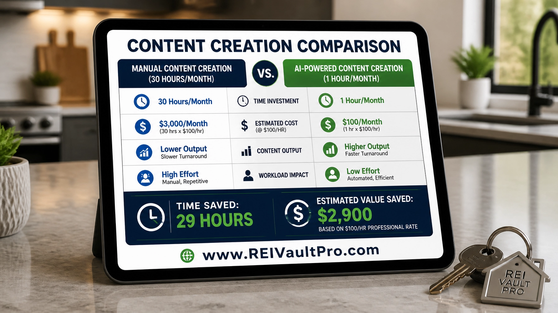 Financial comparison chart showing the ROI of time saved using AI for content creation.
