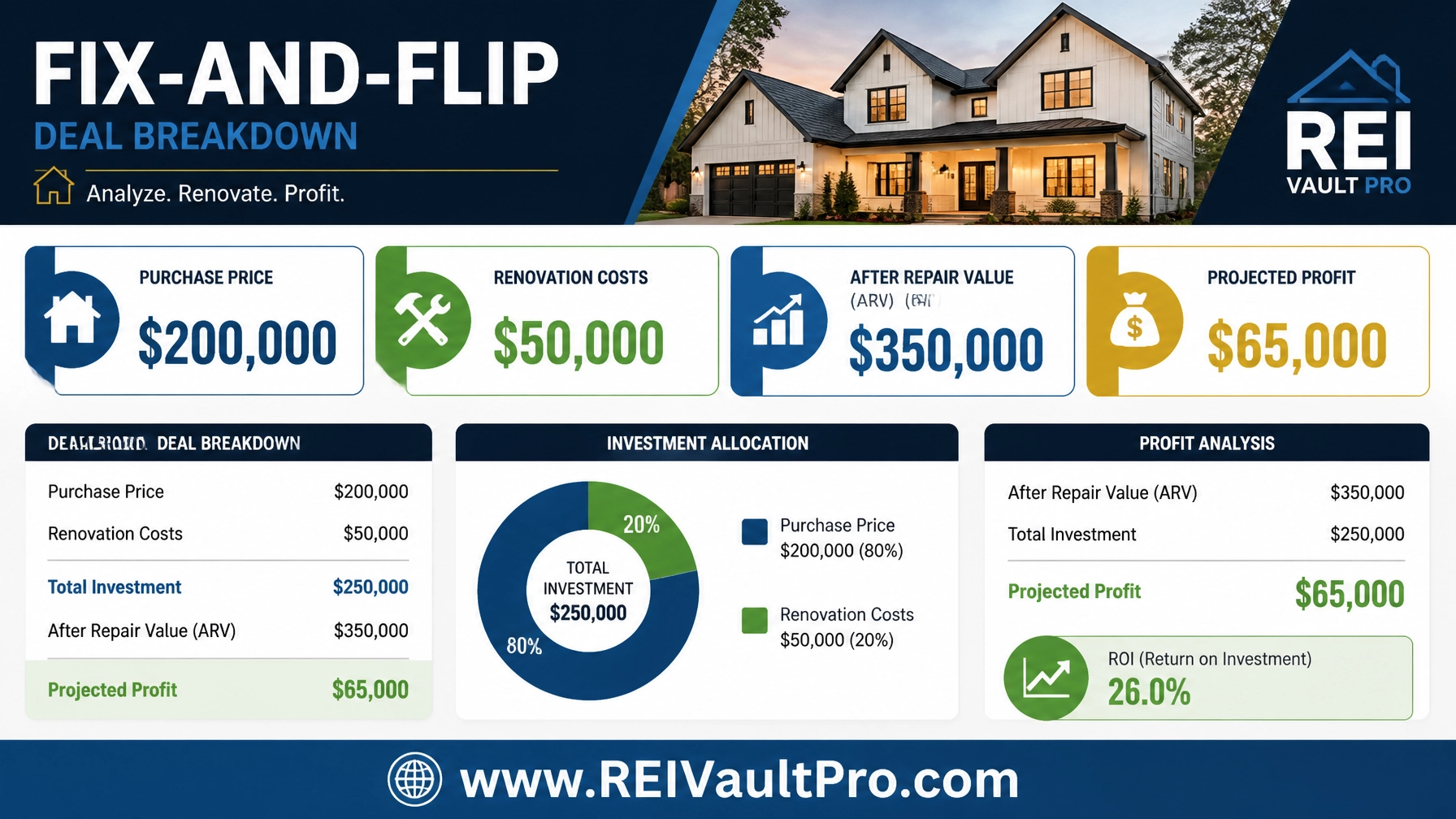 Financial dashboard showing a fix-and-flip profit calculation for a Chicago property