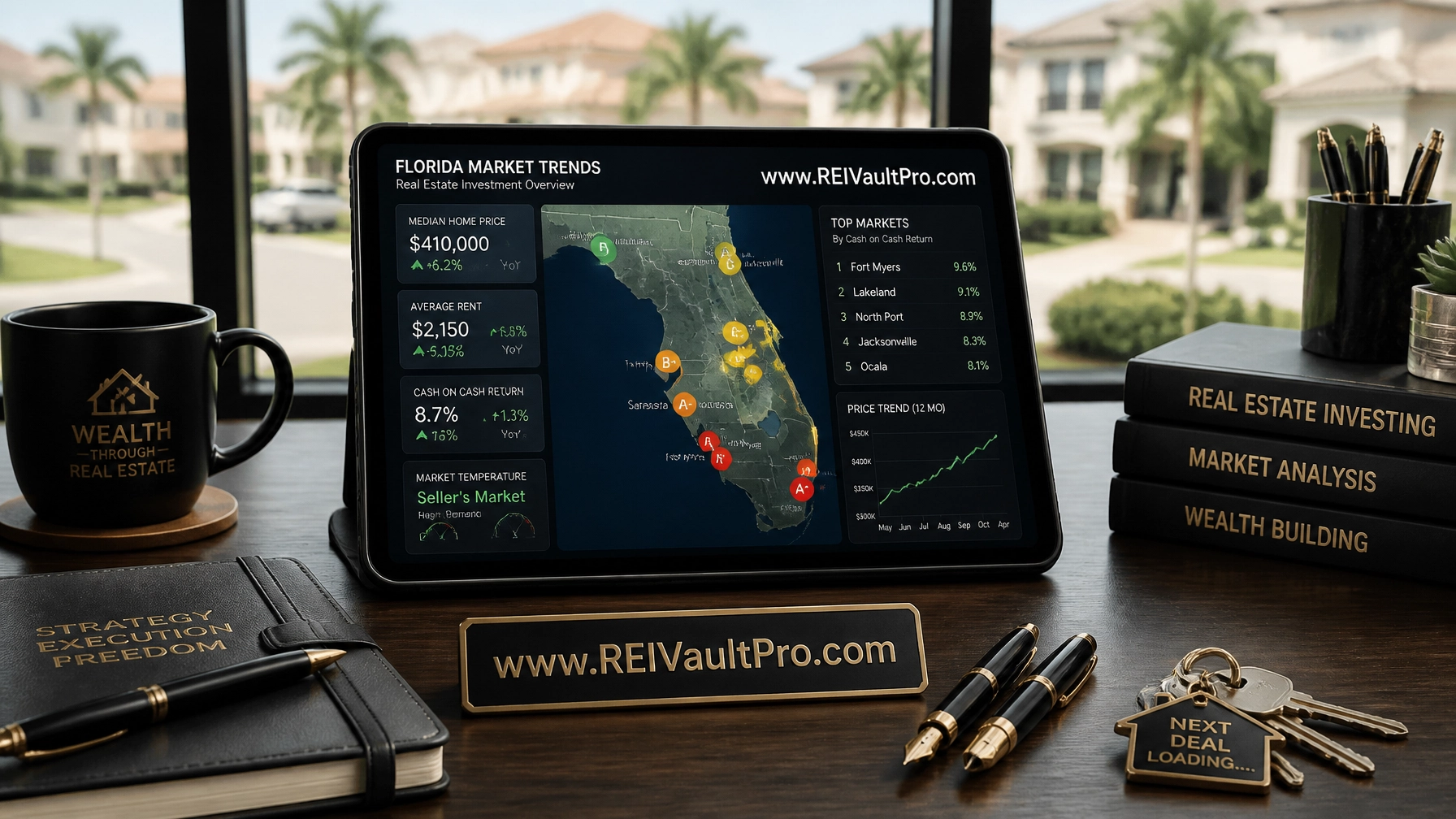 Tablet displaying real estate market trends and data points in a professional office